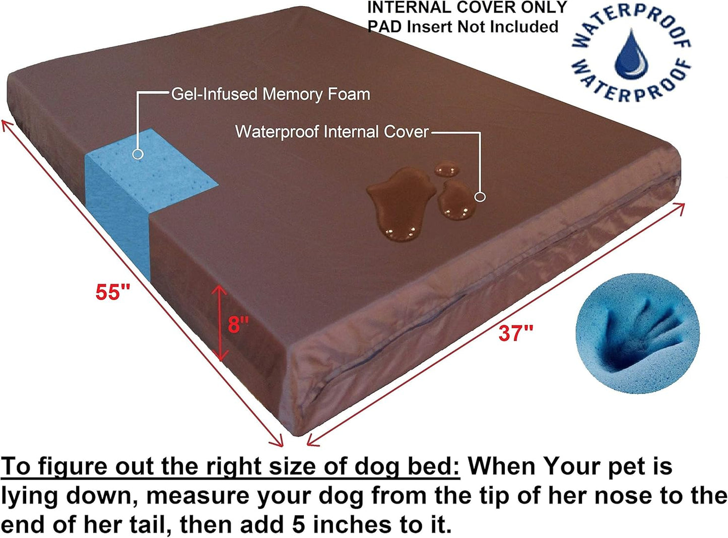 Dogbed4less Jumbo 1680 Nylon Heavy Duty Dog Pet Bed - External Zipper Duvet Cover and Waterproof Internal Cover - 55X37X8 Inches, Seal Brown