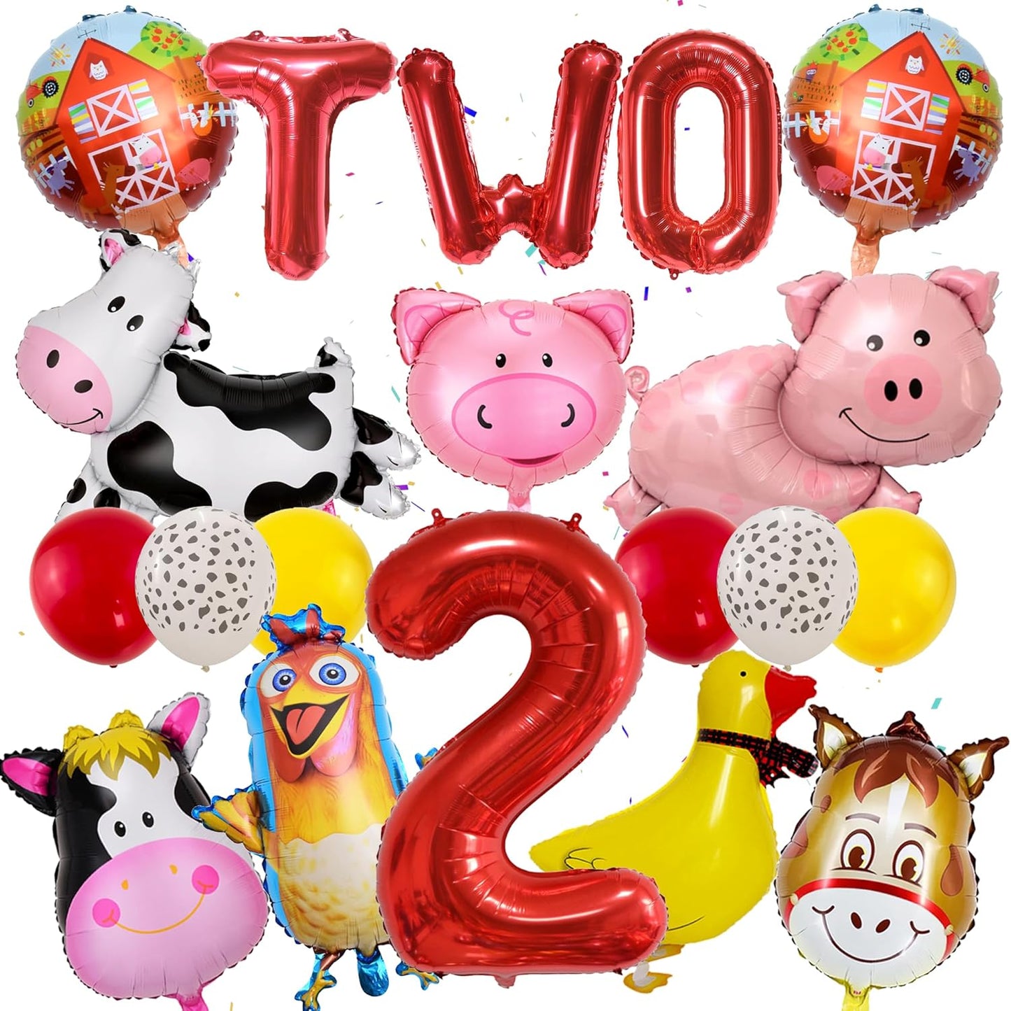 Farm Birthday Party Supplies 2 Year Old Farm Balloons Set Includes Round Farm Animal Letter Number 2 Foil Latex Balloons, Suitable for Farm Party