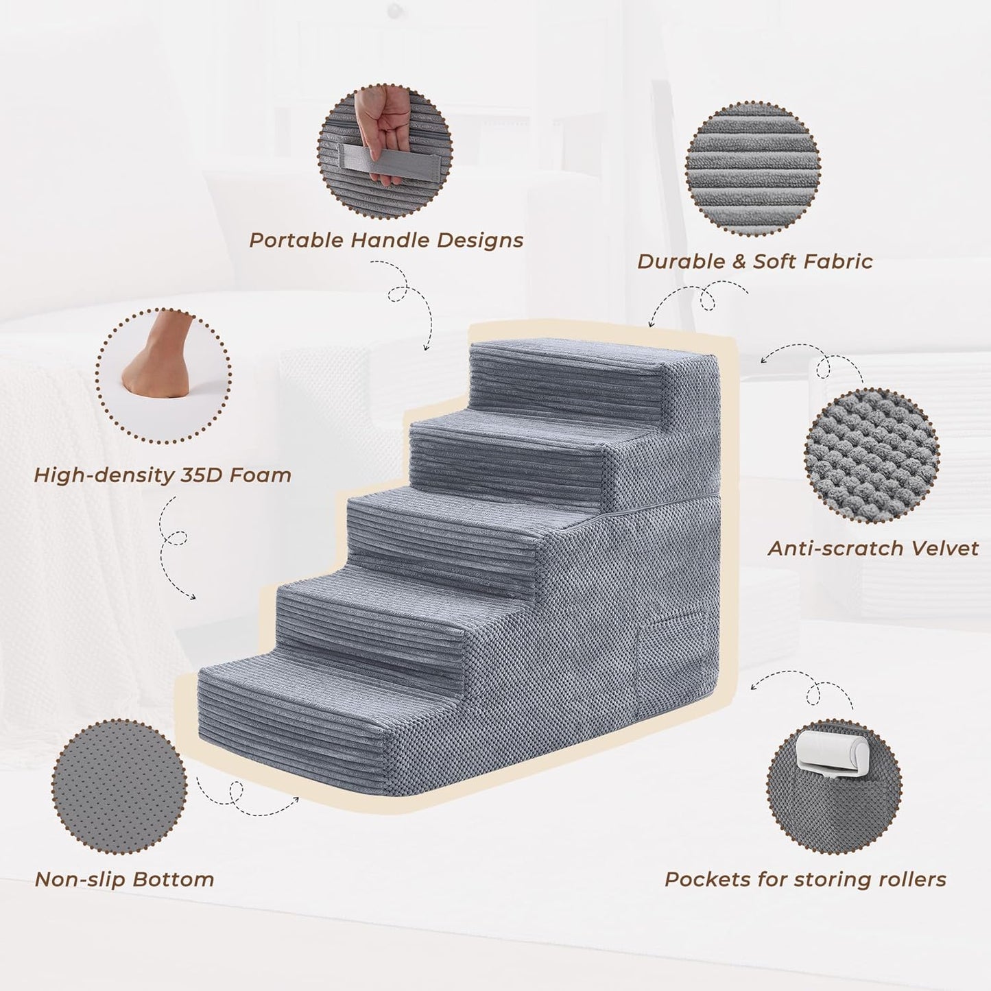 HYLEORY Dog Stairs for Bed 22.5''H, 5-Step Pet Stairs for Small Dogs & Cats, Sturdy Pet Steps with Non-Slip Bottom, Functional Portable Dog Ramp for Couch/Chair/Sofa/Car, with Storage Pocket, Grey