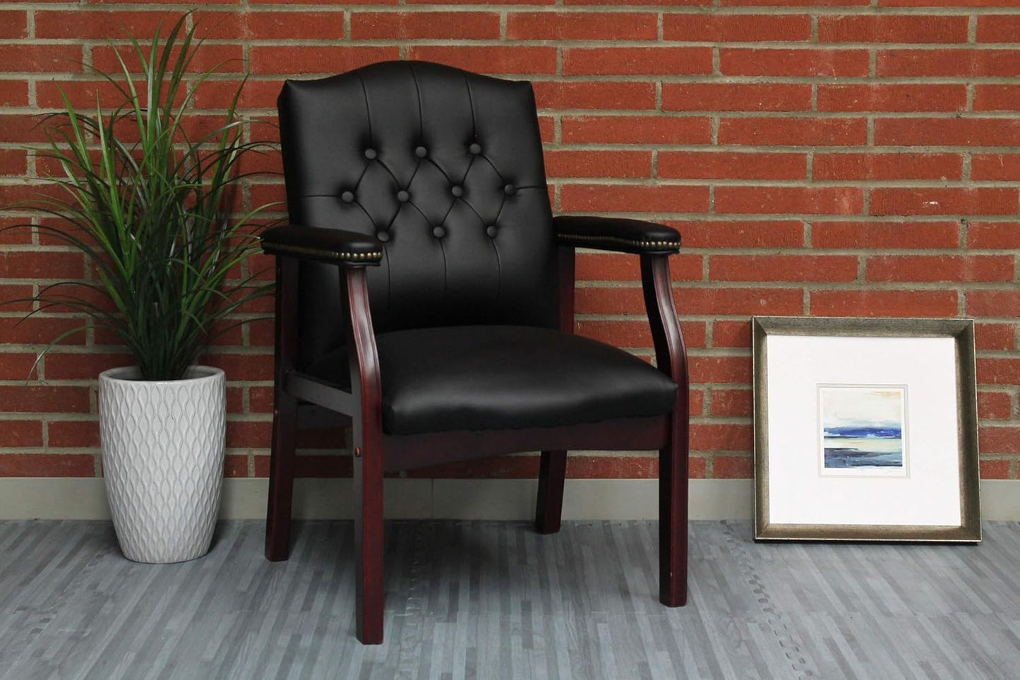 Boss Office Products Traditional Caressoft Vinyl Guest Chair with Mahogany Finish Wood Base, Black