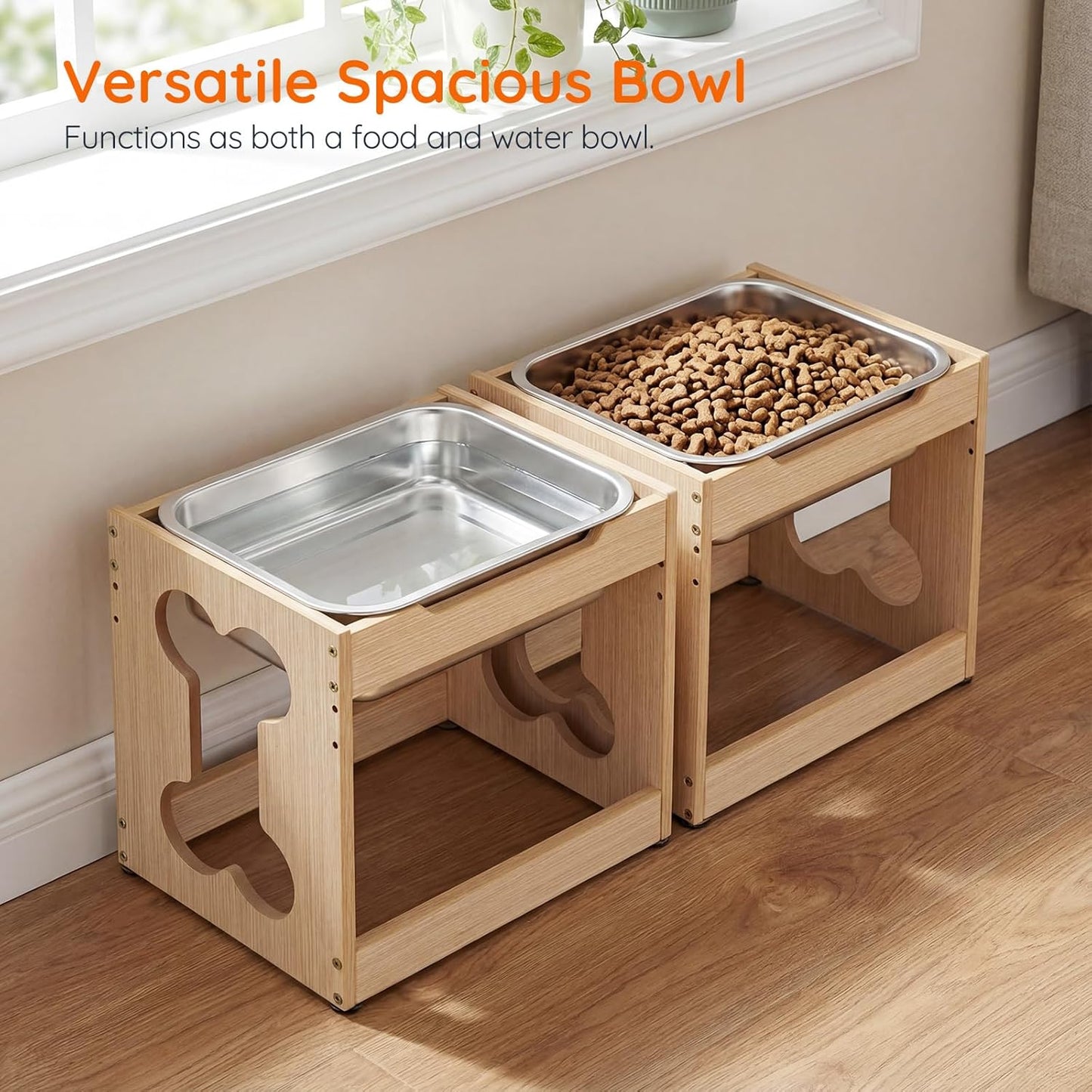 HOOBRO Elevated Dog Bowls with Stainless Steel Bowl, Raised Dog Bowl Stand for Medium, Large Breed Dogs, Heights Adjustable Water Bowl Stand, Wooden Dog Feeding Station, Non-Slip, Natural NL02PO03
