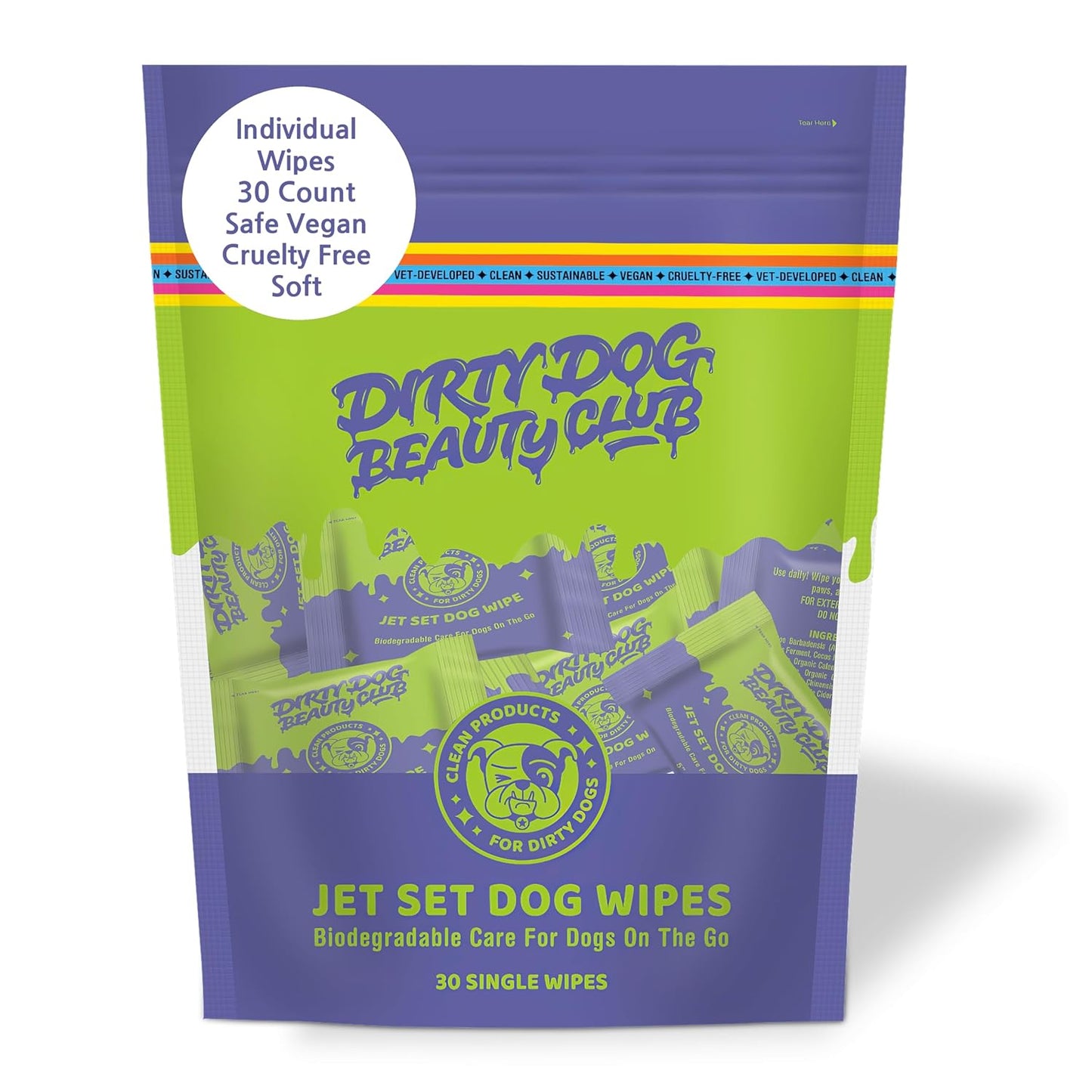 Dirty Dog Beauty Club - Jet Set Dog Wipes - Thick, Gentle, Biodegradable, Chemical Free, Alcohol Free, Soothing with Calendula and Aloe Vera - (30 Count), Unscented