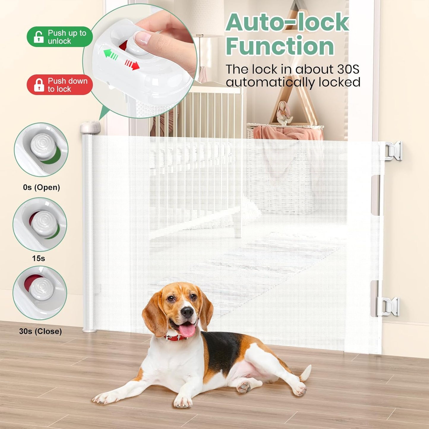 HAMOPY Retractable Baby Gate, 33" Tall, Extends up to 71" Extra Wide Baby Gate, Durable Auto-Lock Mesh Dog Gate, Pets and Child Safety Gates for Stairs, Doorways, Hallways, Indoor, Outdoor(White)