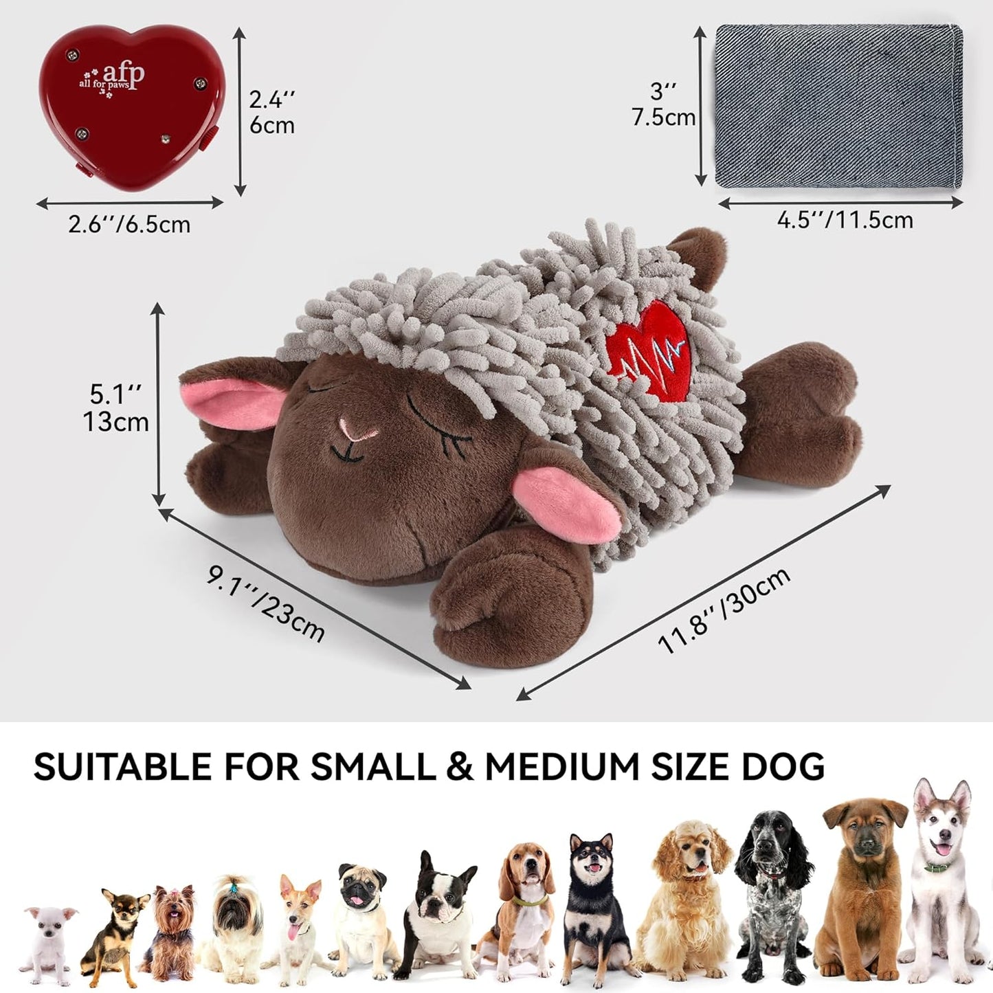 ALL FOR PAWS Heartbeat Dog Toy for Sleep Aid, Stuffed Animal Plush Toy for Puppy Anxiety Relief & Behavioral Training, Snuggling Plush Toy with Warm Bag & Adjustable-Speed Heartbeat, USB Rechargeable