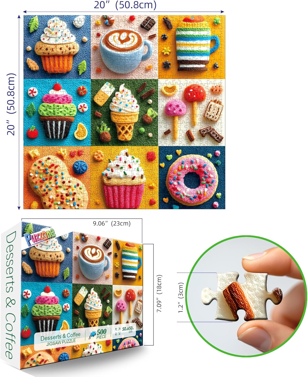 500 Piece Puzzle for Adult Embroidery Desserts Jigsaw Puzzle Cupcakes Coffee Ice Cream Donut Fabric Art Snacks Game Sweet Treats Puzzle with Letters on Back Challenging Gifts for Seniors & Families