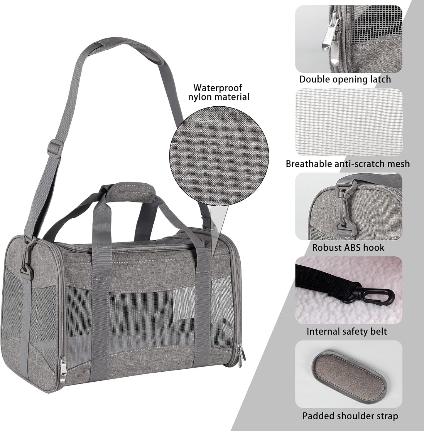 Cat Carrying Case - Pet Carrier Airline Approved, Protable and Breathable Pet Travel Carrier Removable Fleece Pad, Collapsible Cat Carrier Dog Carrier for Medium Cats Small Cats Dogs (X-Large, Grey)