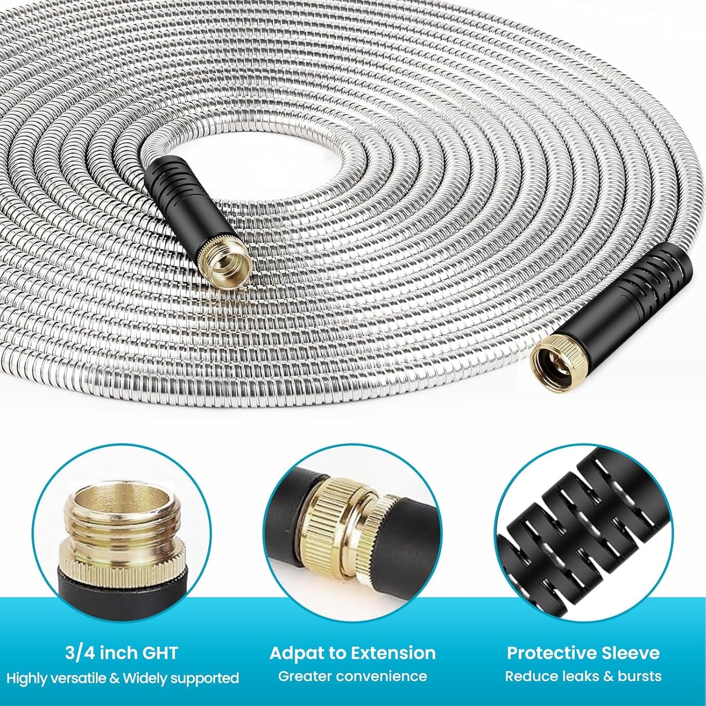 LINODI Metal Garden Hose, 100ft Stainless Steel Garden Hose – 3/4" GHT Solid Brass Connectors – Heavy Duty Flexible Metal Water Hose with 10-Way Spray Nozzle – Kink-Free Watering Kit