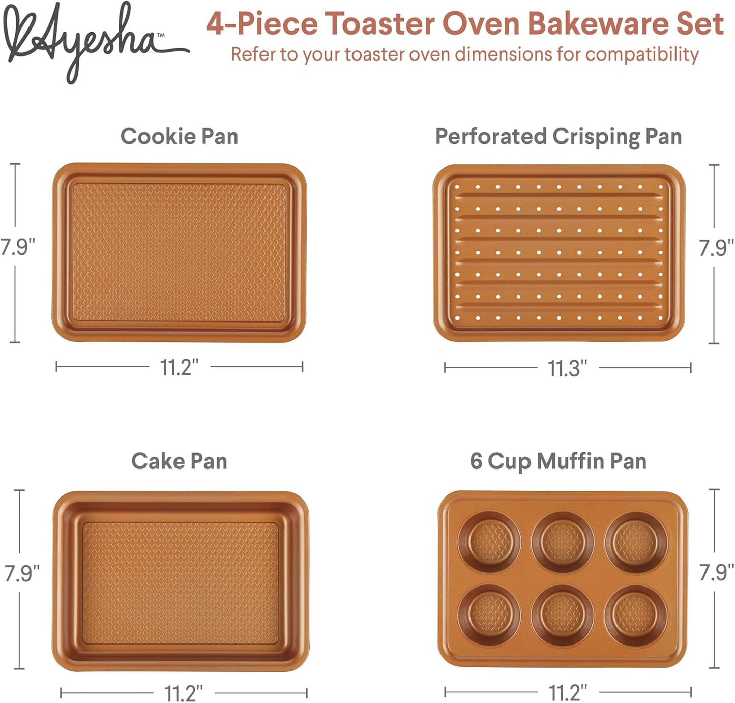 Ayesha Curry Nonstick Bakeware Toaster Oven Set with Nonstick Baking Pan, Cookie Sheet / Baking Sheet and Muffin Pan / Cupcake Pan - 4 Piece, Copper Brown