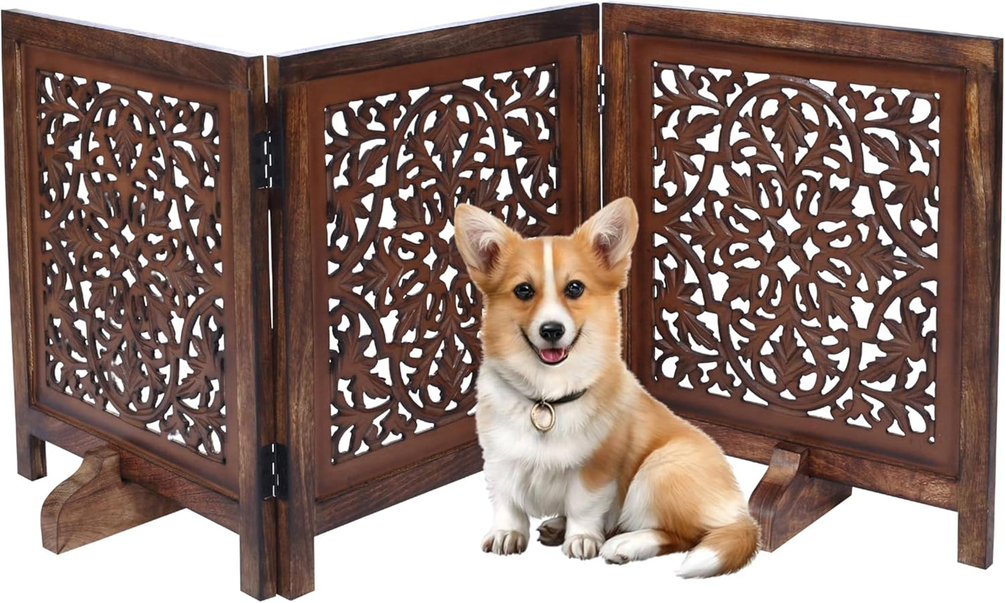 Dog Gate Indoor, Free Standing Folding Wooden Dog Gate for Doorway, Hallway or Stairs, Decorative 3 Panel Wood Pet Fence, 60x24 Inch Pet Gate, Natural Burnt Daisy Design