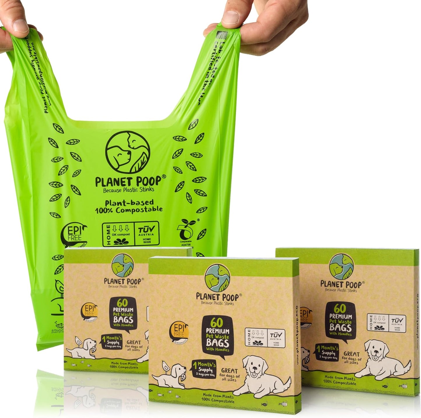 PLANET POOP Home Compostable Dog Poop Bags with Handles, Standard Size 180 Count, Un-Scented Dog Waste Bag, Thick Leakproof Doggy Cat Bag, Plant-Based Green Pet Supplies