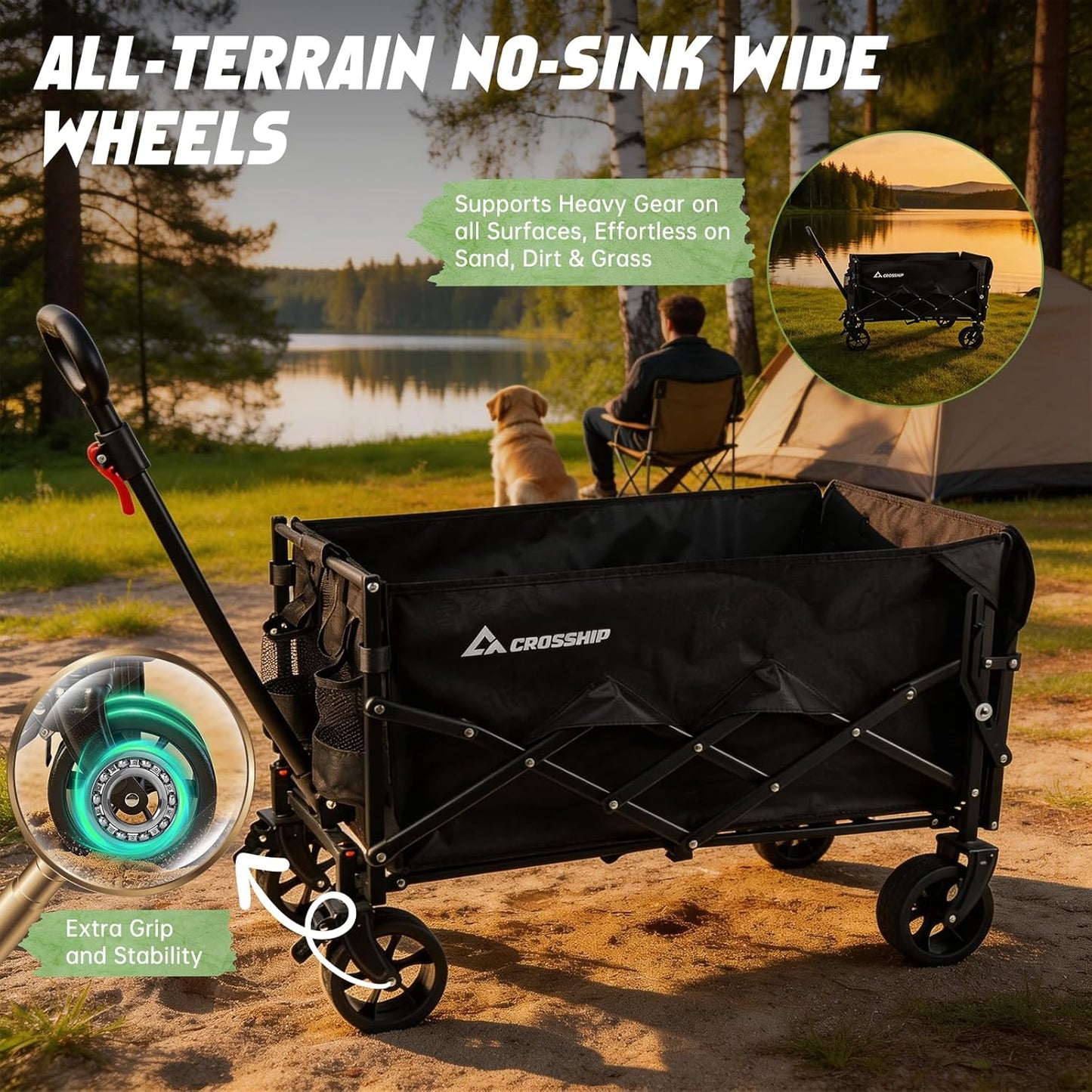Collapsible Wagon Cart with Drop-Down Tailgate, 150L Heavy Duty Foldable Garden Cart 330 lbs Capacity, All-Terrain Wheels Utility Wagon for Beach, Camping, Long Items & Pet Transport