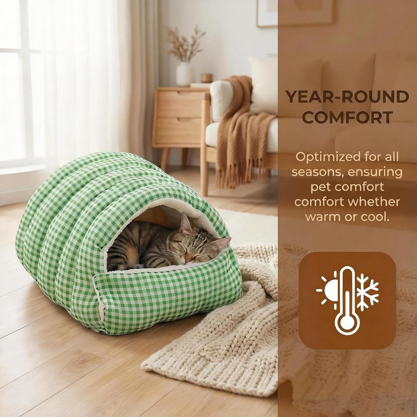 Small Cat Dog Cave Bed Calming Pet Nest Warm Plush Covered Cat House with Hooded Blanket Removable Hooded Blanket Cushion Washable Soft Calming Indoor Cat Bed(Green, Small)