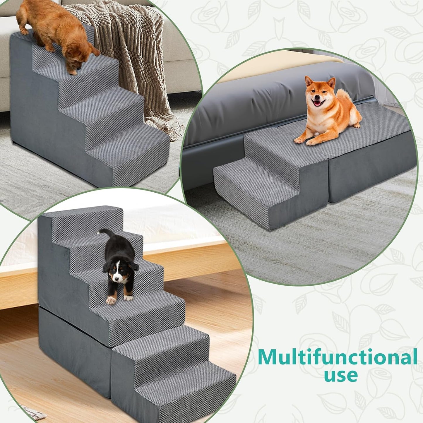 Dog Stairs for Bed 30''H Small Dogs, 6-Step Sturdy Foam Dog Steps for High Bed, Pet Stairs for Older Dogs/Cats/Puppy, Non-Slip Curved Pet Ramp Indoor, Removable Washable Cover, Grey