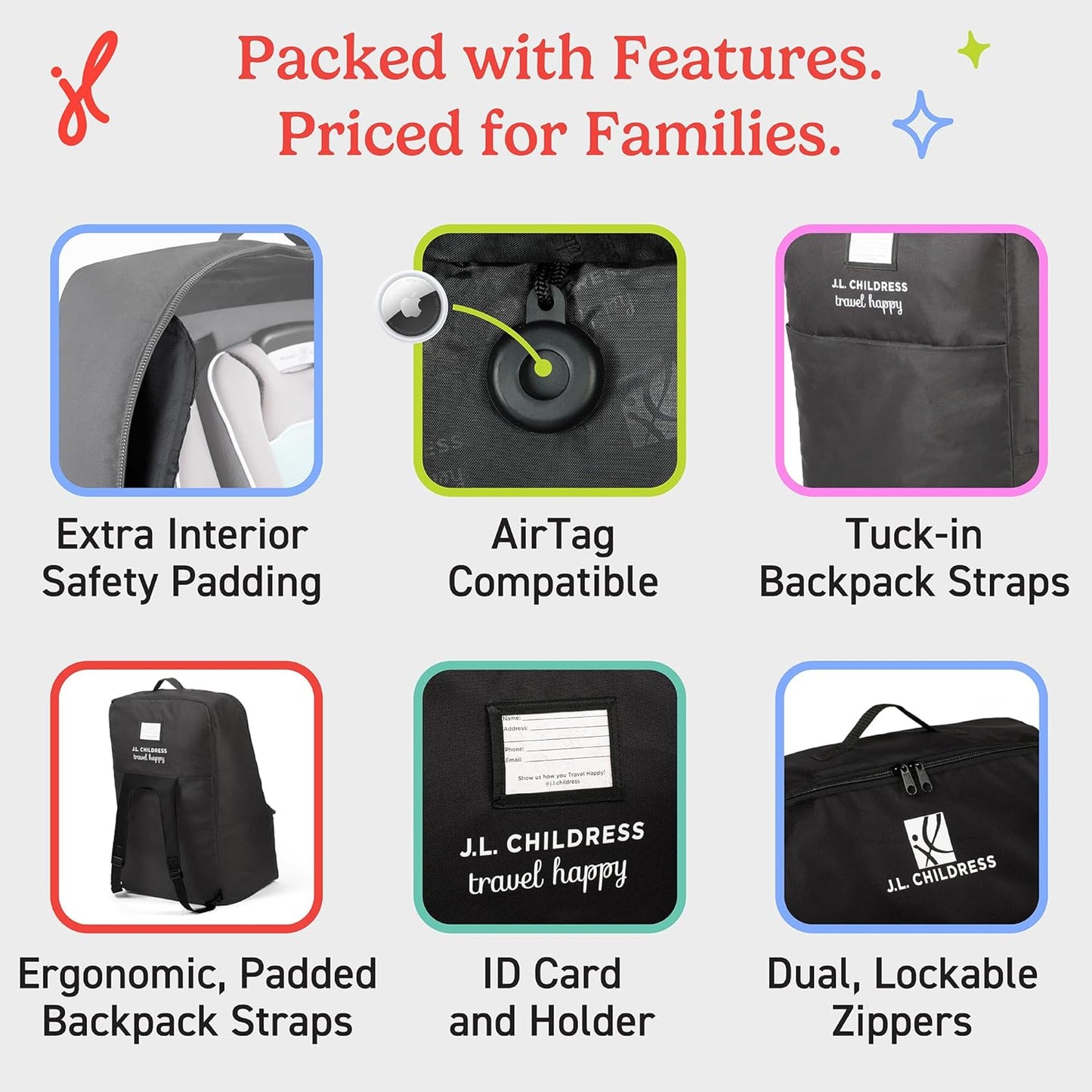 J.L. Childress Padded Backpack Car Seat Bag - Car Seat Travel Bag for Airplane, Fits Most Baby & Infant Carriers & Bootsters, Accessories for Gate or Baggage Check, AirTag Compatible - Deluxe, Black