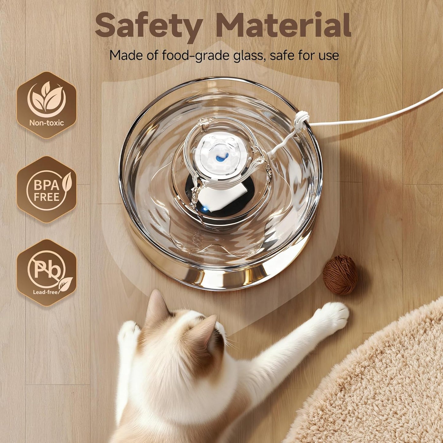 Glass Cat Water Fountain, 2.7L/91 oz Ultra-Quiet Pet Fountain, Automatic Water Dispenser for Cats & Small Dogs, Spill-Resistant Pet Water Bowl, BPA-Free, Includes 2 Filters, Effortless to Clean