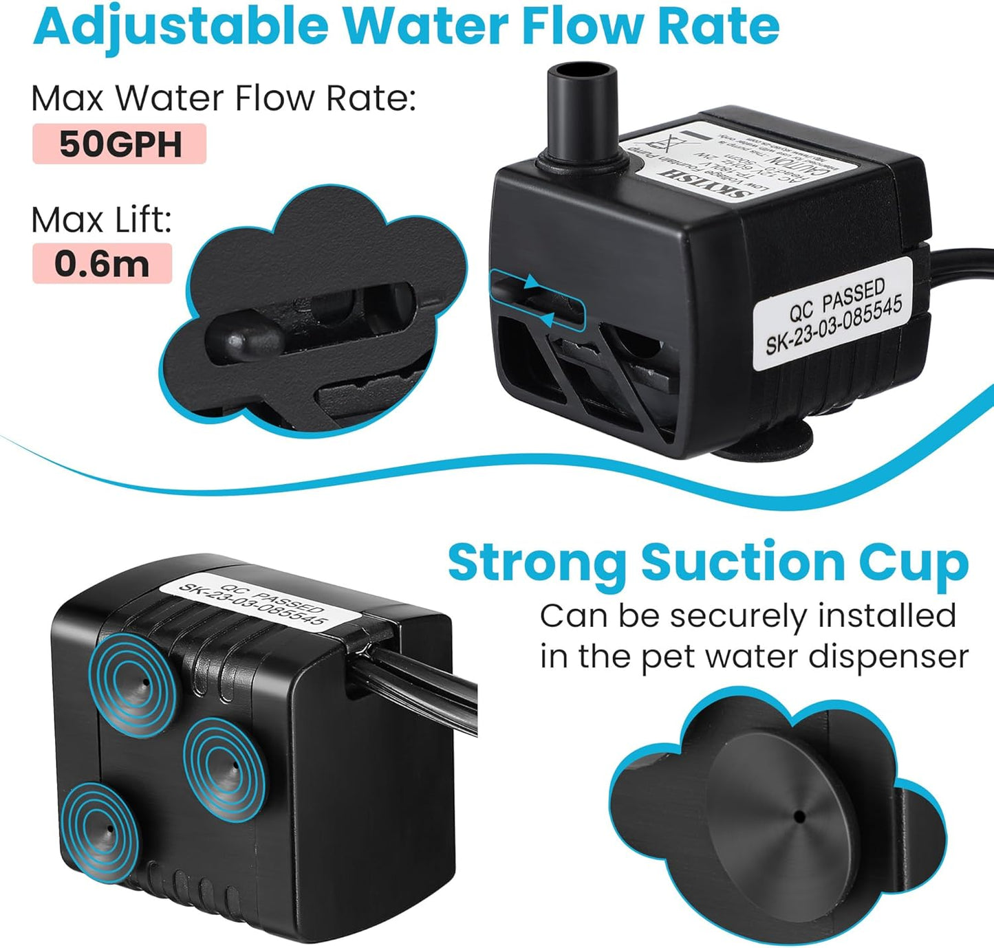 Dreyoo Pet Water Fountain Pump Compatible with PioneerPet Smartcat Fountain, 50 GPH 2W Cat Water Fountain Pump Replacement with Cleaning Brush Kit for Cat Water Dispender Pet Drinking Fountain