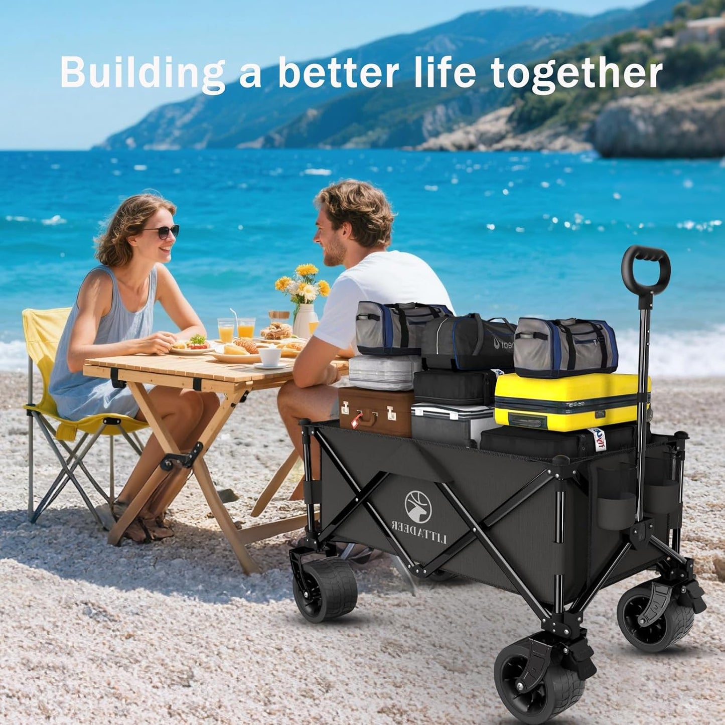Wagons carts Foldable with Silent All-Terrain Wheels, Collapsible Heavy Duty Beach Wagon with Cup Holders and Brakes, Large Foldable Wagon for Camping,Garden,Shopping,Sports Black