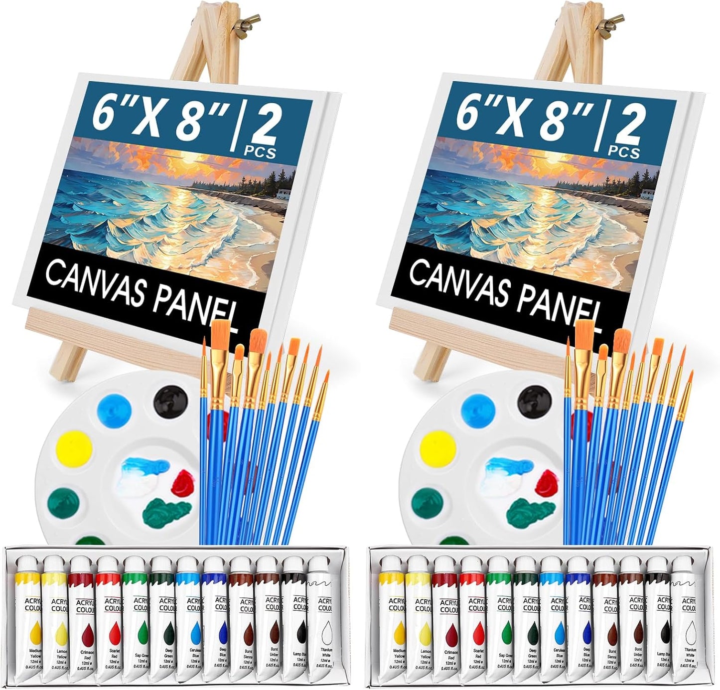 ESRICH 52PCS Acrylic Paint Canvas Set, Acrylic Painting Kit with 2 Set of 12 Colors Acrylics Paint,Paint Brushes,Canvas, Wooden Easels, Art Plates, Art Painting Supplies for Kids Adults Beginners