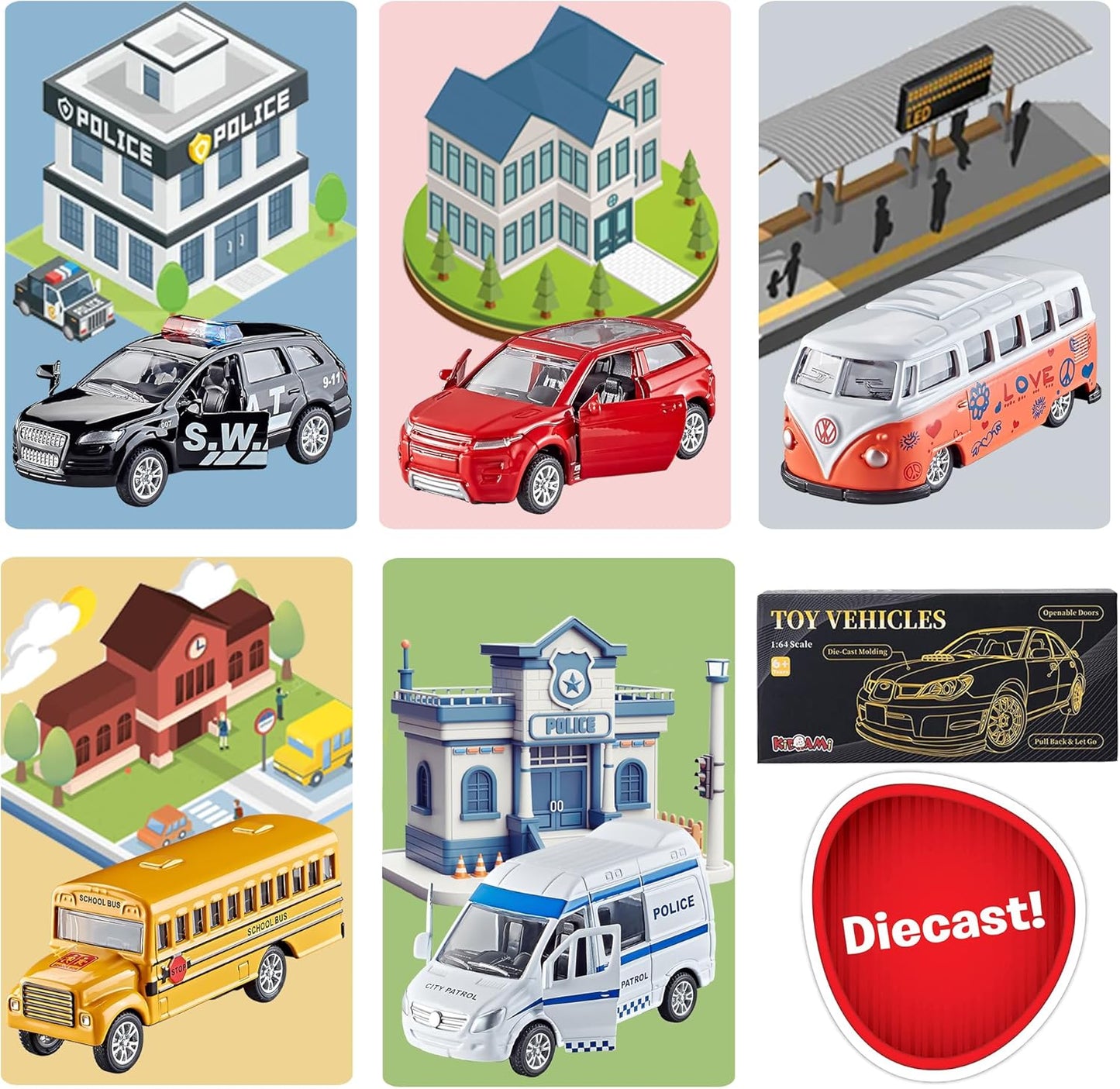 KIDAMI Die-cast Metal Toy Cars Set of 5, Openable Doors, Pull Back Car, Gift Pack for Kids Grandkids Toddlers Boys Girls Birthday (Official Car)
