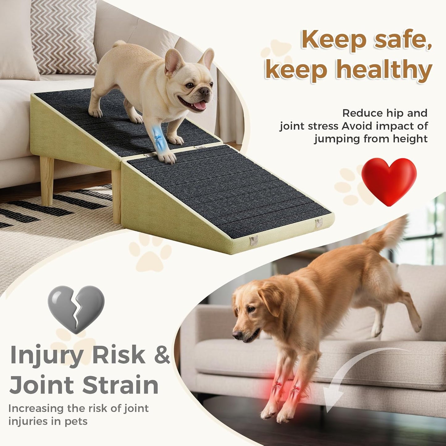 3-in-1 Dog Ramp Pet Stairs 18.9"x17.72"x19.29" with Hidden Storage Ottoman, Anti-Slip Steps for Small, Medium, Large, Senior & Injured Pets, 220LBS for Bed & Sofa, Green