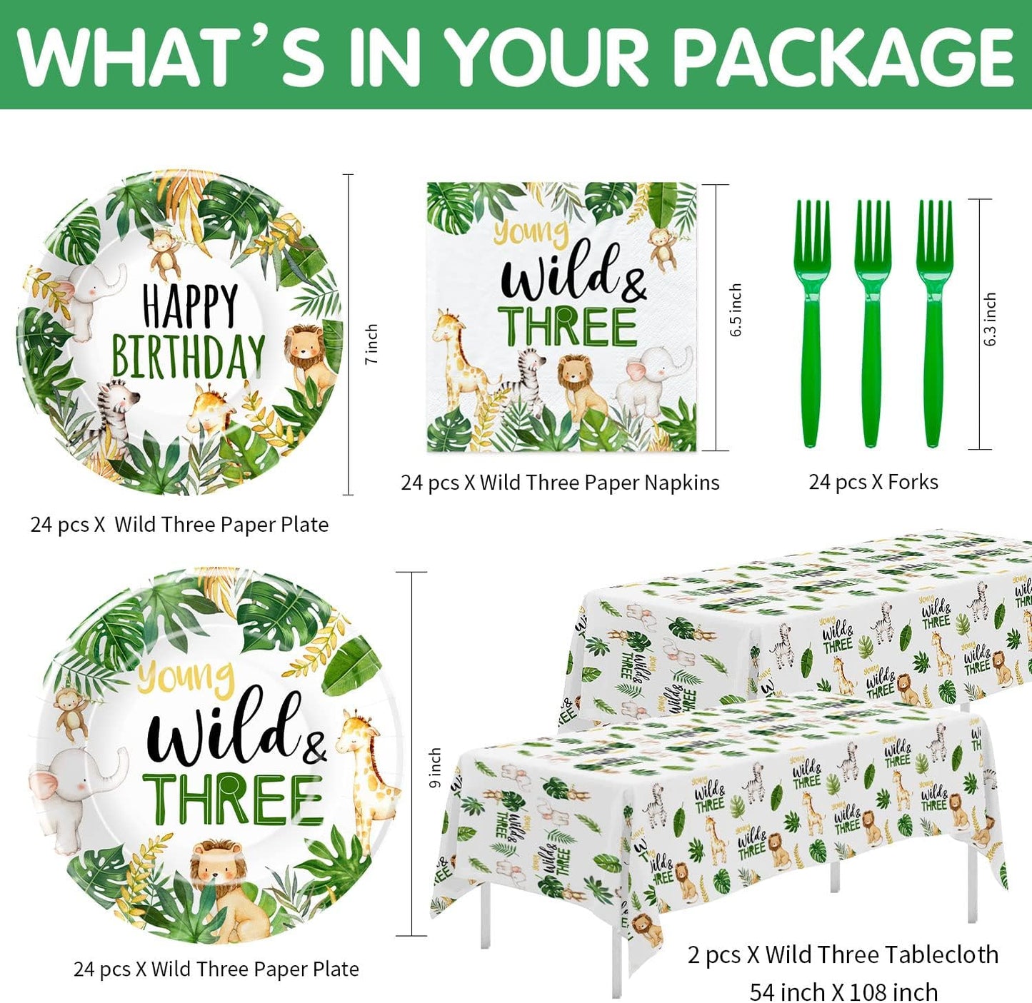 Jungle Animal 3rd Birthday Party Supplies - Young Wild And Three Decorations Tableware, Paper Plate, Napkin, Tablecloth, Fork, Safari 3-Year-Old Birthday Decorations Dinnerware | Serves 24