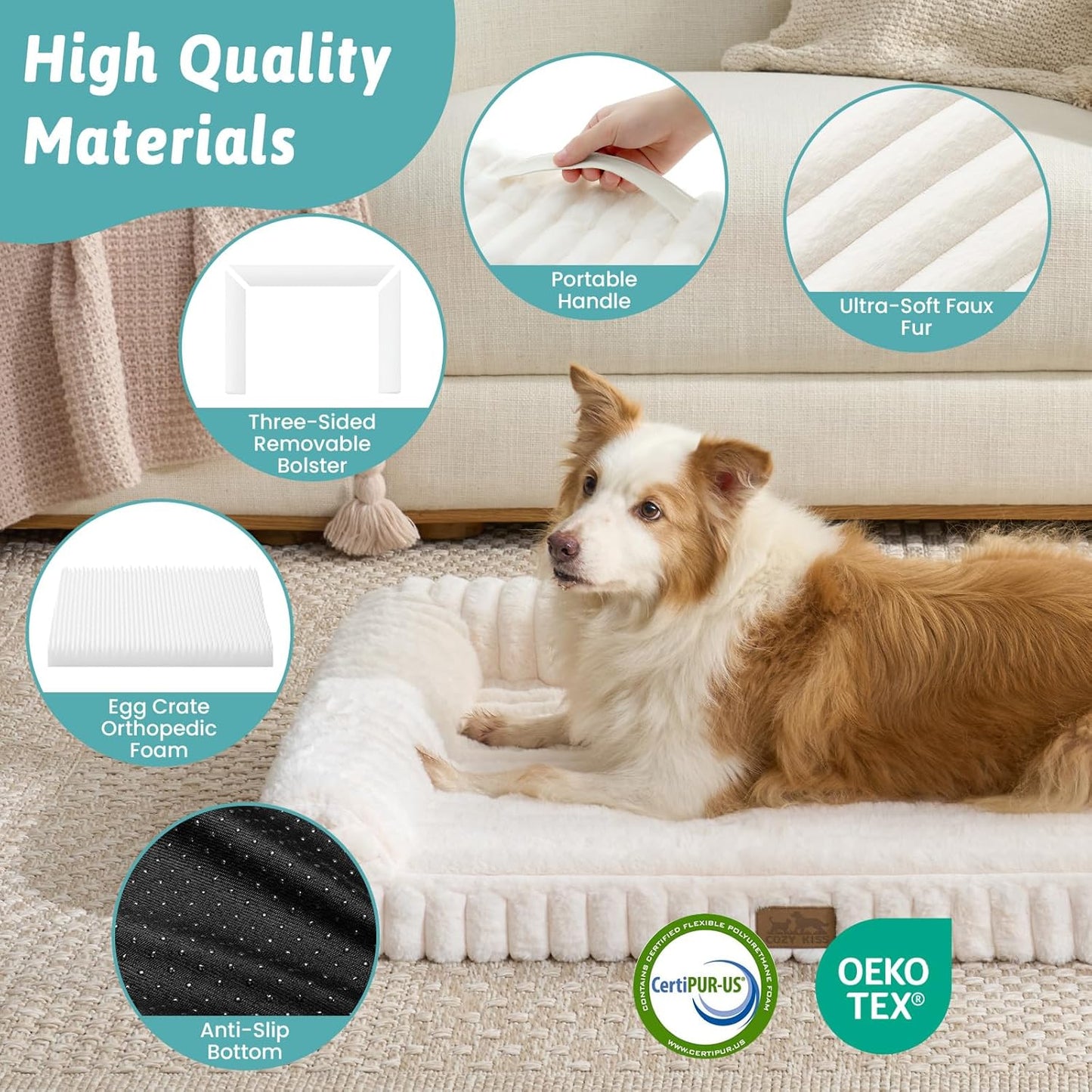 Small Dog Bed, Faux Rabbit Fur Orthopedic Foam Dog Bed with Sides, Removable Washable Cover & Waterproof Lining, Comfortable Pet Couch, Cream (30" L x 20" W x 6" Th)
