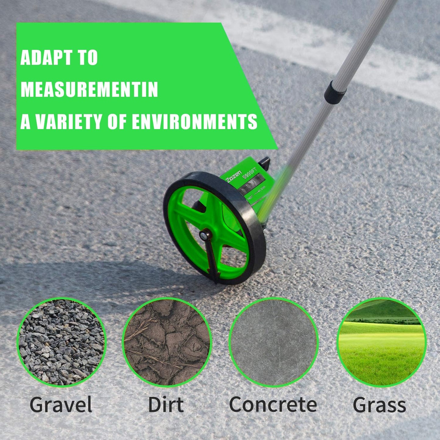 Zozen Measuring Wheel, Green 6Inch Measure Wheel, Distance Measuring in Feet and Inches, Rolling Measurement [Up to 10,000Ft], Telescopic/Mechanical/One Key to Reset, Include Carrying Bag.