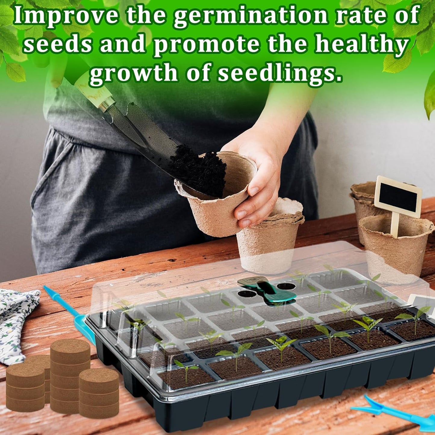 Halatool 2 Set Seed Starter Tray Kits, 2 Pack Germination Tray with 50 Pcs Coco Pellets, Greenhouse Indoor Seed Germination System for Herbs Vegetables Flowers, Seed Starter Kit