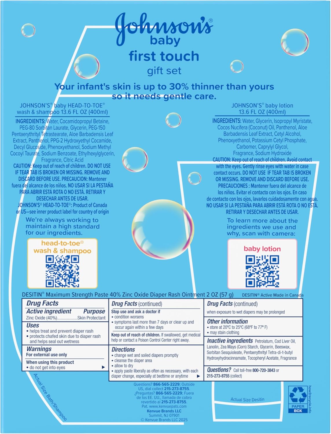 Johnson's First Touch Baby Essentials Gift Set with Body Wash & Shampoo, Body Lotion, & Zinc Oxide Diaper Rash Cream for Baby's Delicate Skin, Hypoallergenic, No Parabens or Dyes, 3 Items