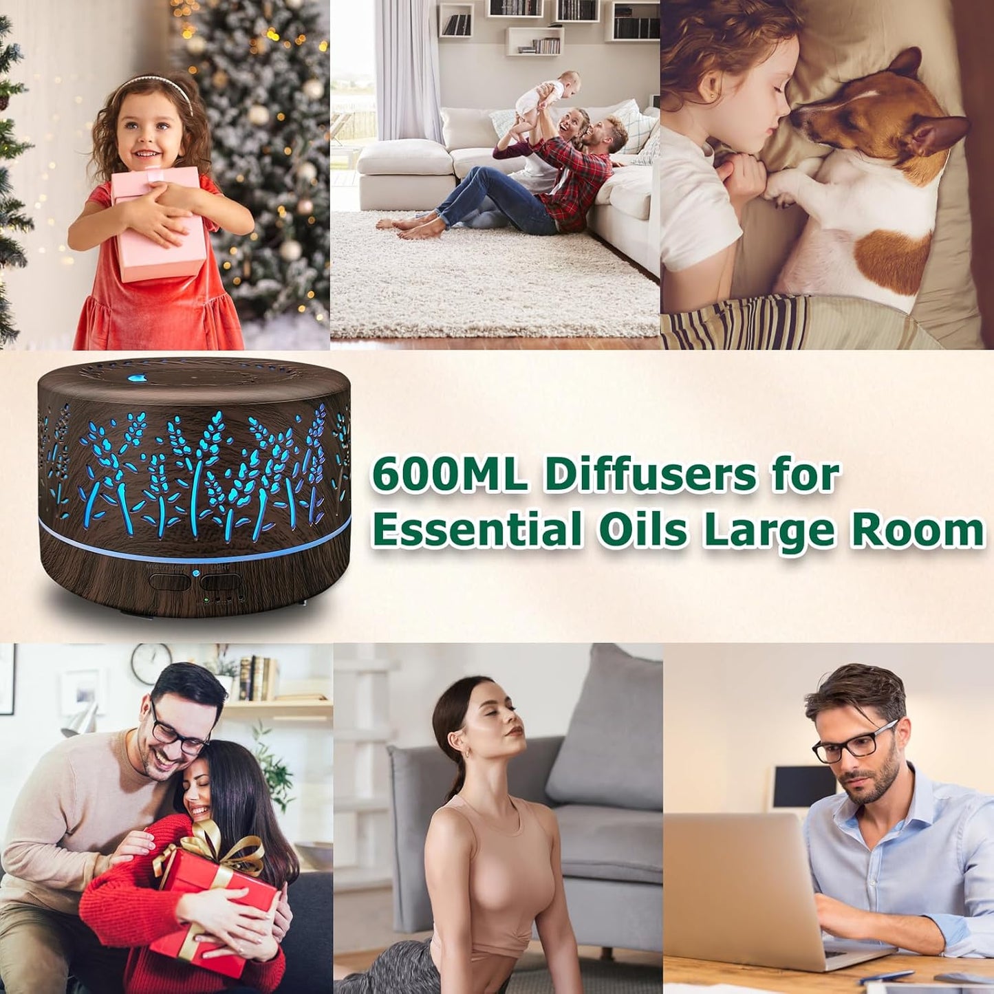 Diffusers for Essential Oils Large Room,600ml Essential Oil Diffusers for Home,Waterless Auto Off 7 Colors Changed 3 Mist Modes,Cool Mist Humidifiers for House Bedroom Decor,Gifts,Dark Wood