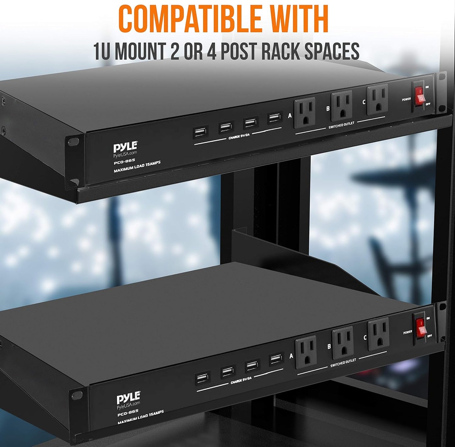 Pyle 19 Outlet 1U 19" Rackmount PDU Power Distribution Supply Center Conditioner Strip Unit Surge Protector 15 Amp Circuit Breaker 4 USB Multi Device Charge Ports 15FT Cord, Black - PCO865