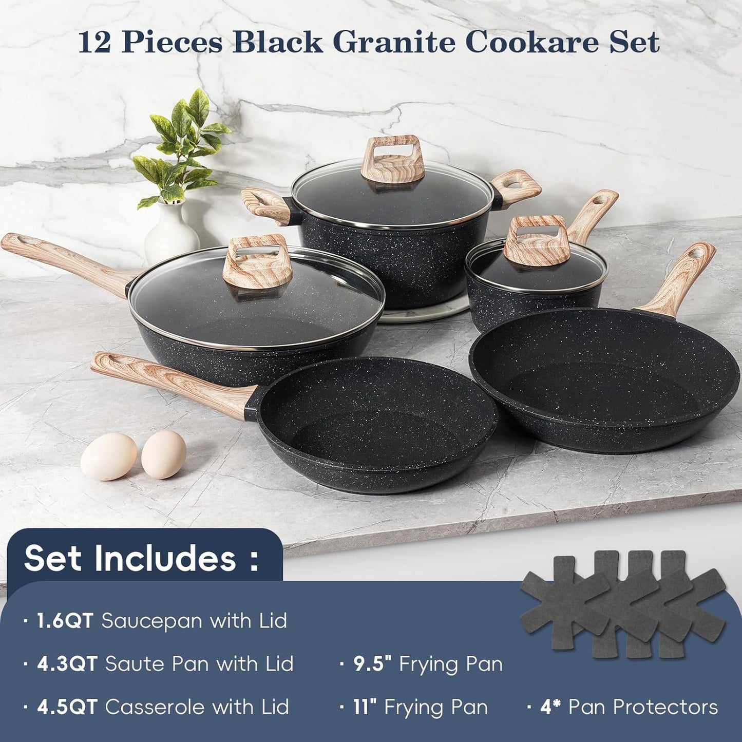 12 Pcs Pots and Pans Set Non Stick, Cookware Sets Black Granite Induction Cookware, Non-toxic Healthy Nonstick Kitchen Cooking Set with Frying Pans Set, Saucepans (PFAS/ PFOA/ PFOS Free)