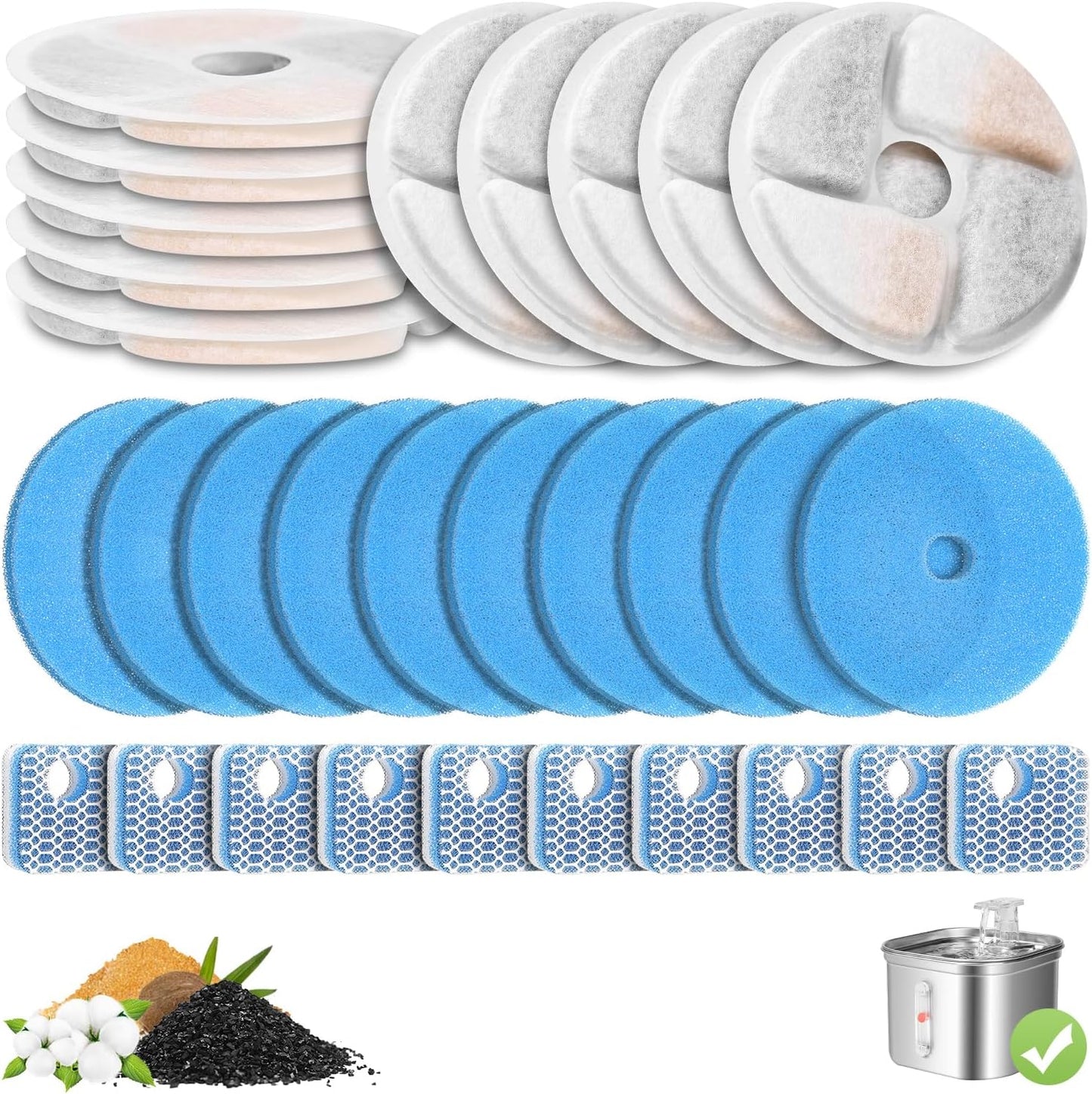 10 Pack Cat Fountain Filter Replacement for Square 2.2L/73oz Automatic Pet Water Fountain, Stainless Steel Cat Water Fountain Filters, Triple Filtration System, Activated Carbon Filters