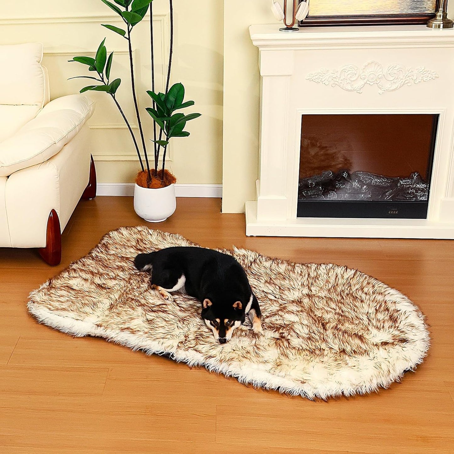 50 Inch Faux Fur Dog Bed for Large/Medium Dogs Orthopedic Beds with Fluffy Faux Fur & Soft Memory Foam for Joint Pain Relief, Machine Washable and Waterproof Dog Couch Beds White with Brown