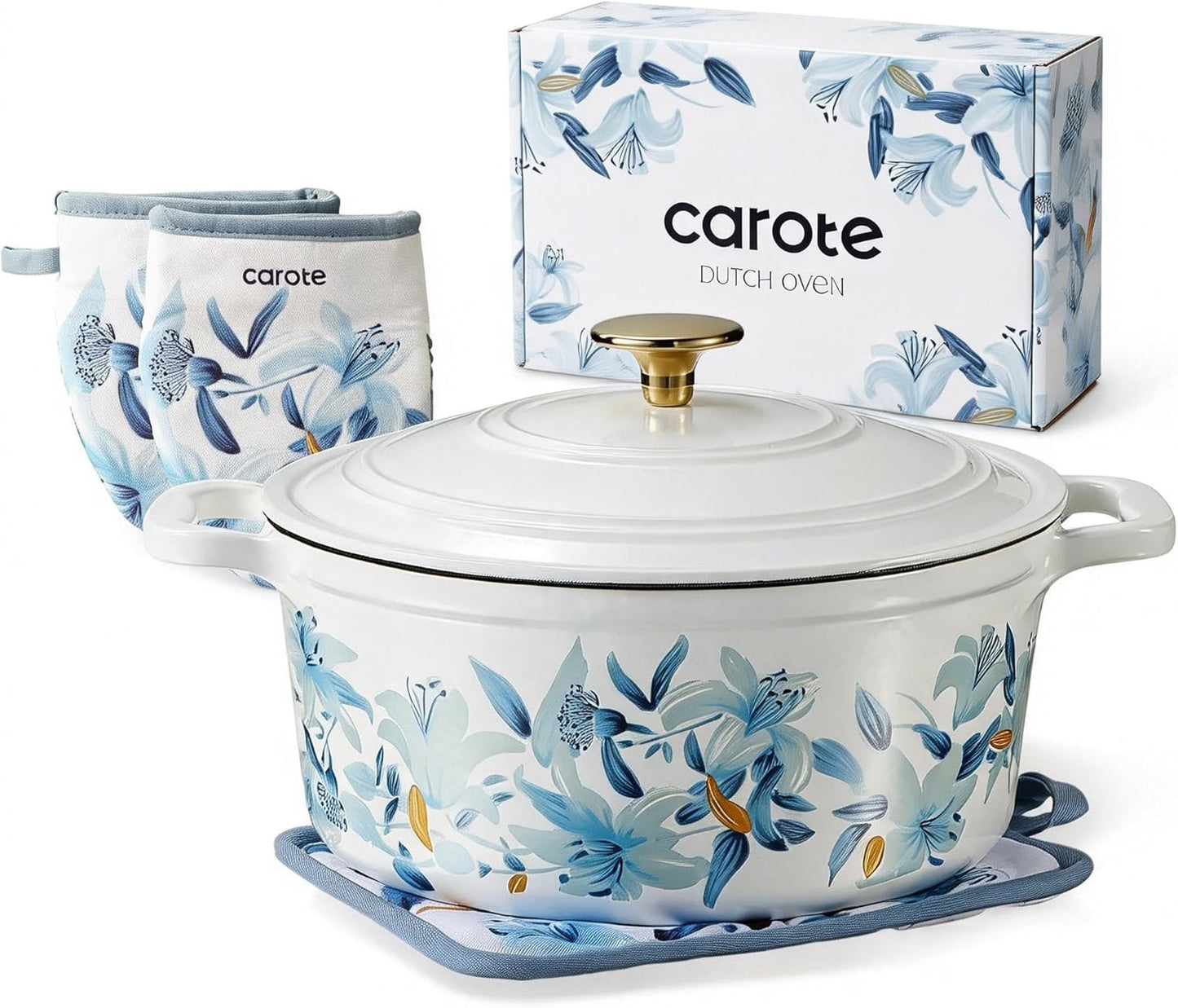 CAROTE 5 QT Cast Iron Dutch Oven Pot with Lid, Enameled Floral Dutch Ovens with Cotton Potholders & Oven Gloves, Gift Box, Cast Iron Pot for Sourdough Bread Baking, Braising, Stews, Roasting, Dual Handles, All Stovetop Compatible, Oven Safe up to 500° F,
