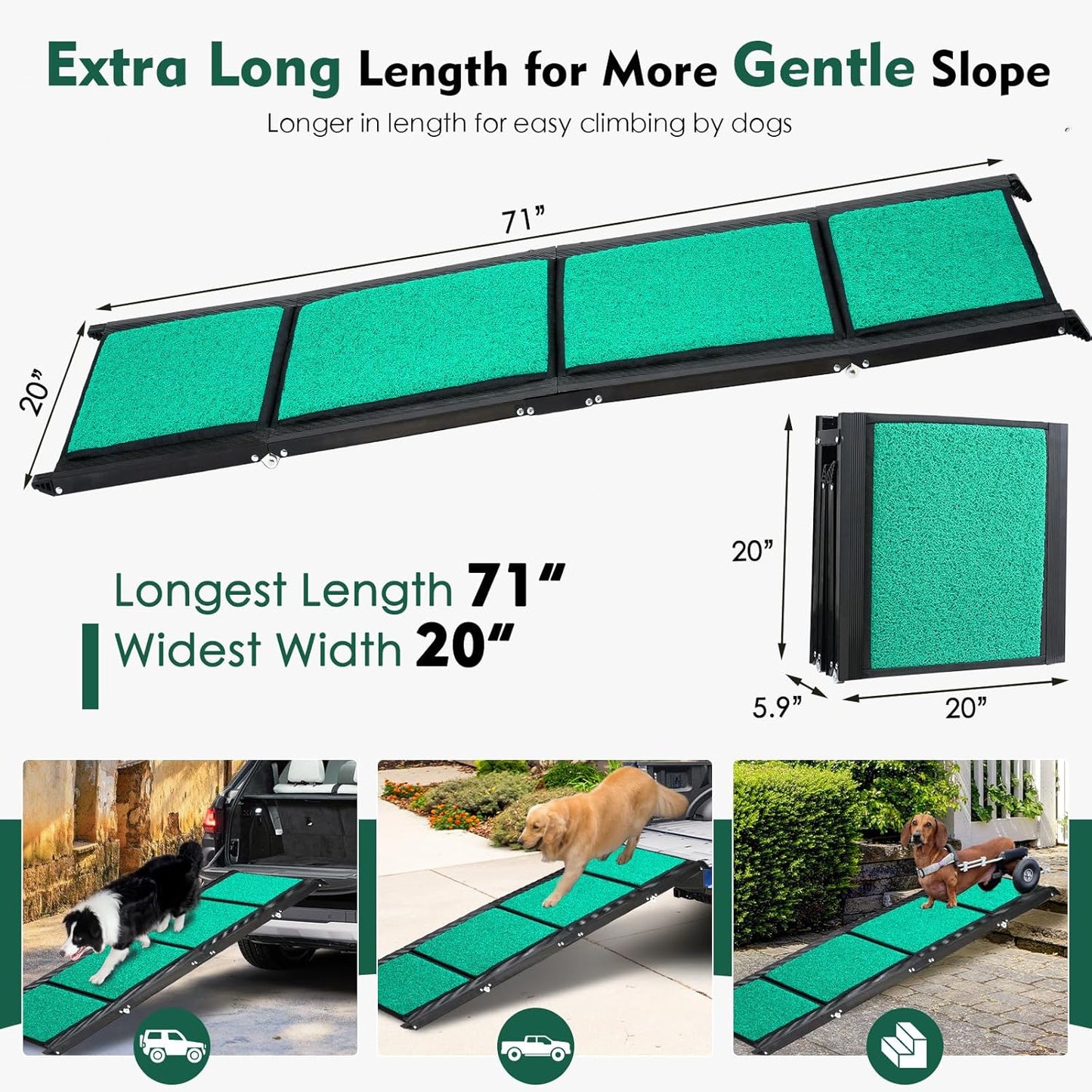 Max Length 71" & Width 20" Dog Car Ramp for Large Dogs Up to 250lbs, Foldable & Non-Slip Surface Ideal for Cars, SUVs, Trucks and Outdoor Steps, Upgraded Lighter Weight, Extra Wide Pet Stairs Ramp