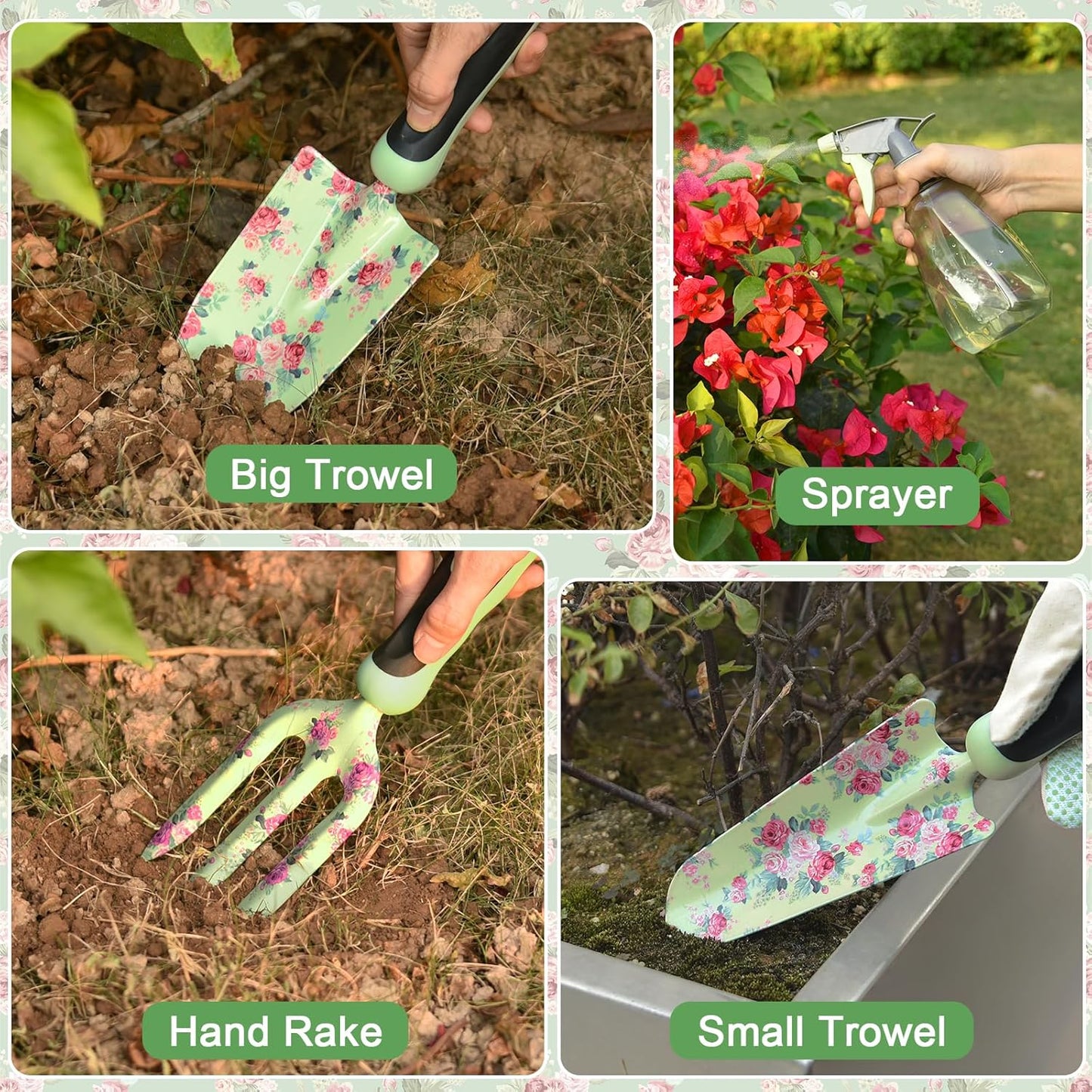 Gardening Tools, WisaKey 10 Piece Heavy Duty Garden Tools Set with Handle, Durable Fashion Garden Organizer Handbag, Ideal Gardening Gifts for Women