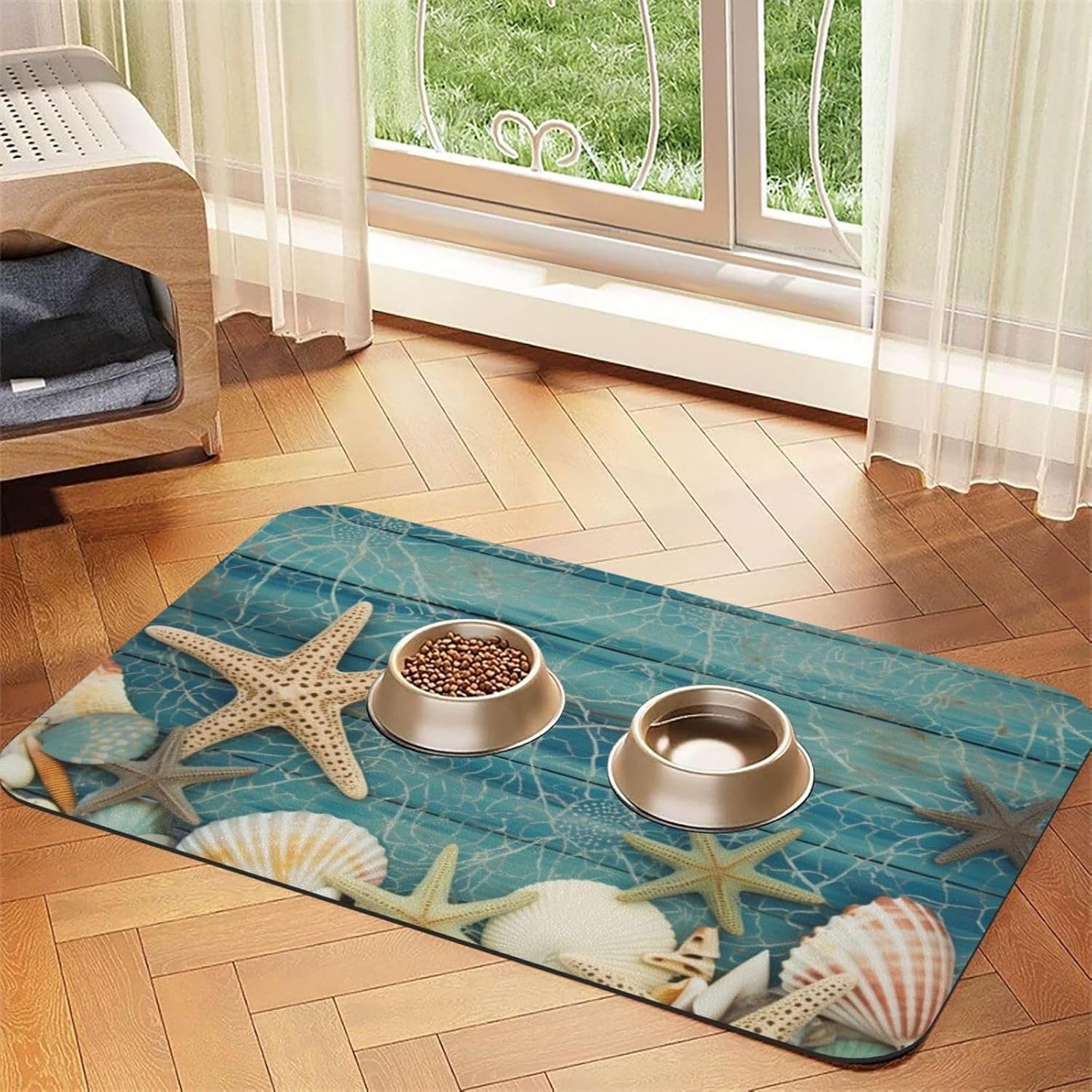 Shell Starfish Pattern Pet Feeding Mat 30x45cm Absorbent Leather Dog Cat Food Mats Non-Slip Dog Bowl Mats for Food and Water, Quick Dry Pets Placemats for Cats and Dogs Water Bowl