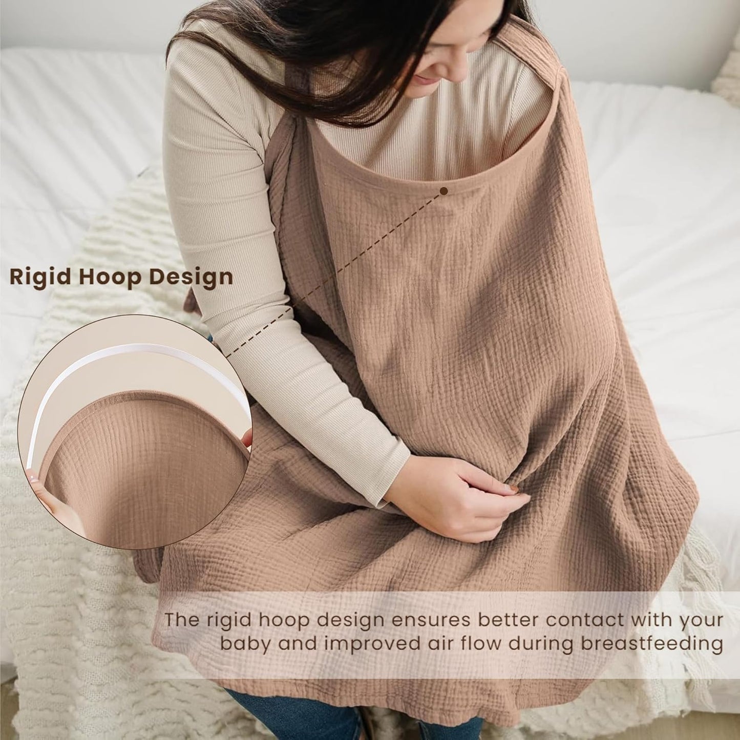 Konssy Muslin Nursing Cover for Baby Breastfeeding, Breathable 100% Cotton Breastfeeding Cover with Rigid Hoop for Mother Nursing Apron, Multi-use Carseat Canopy (Brown)