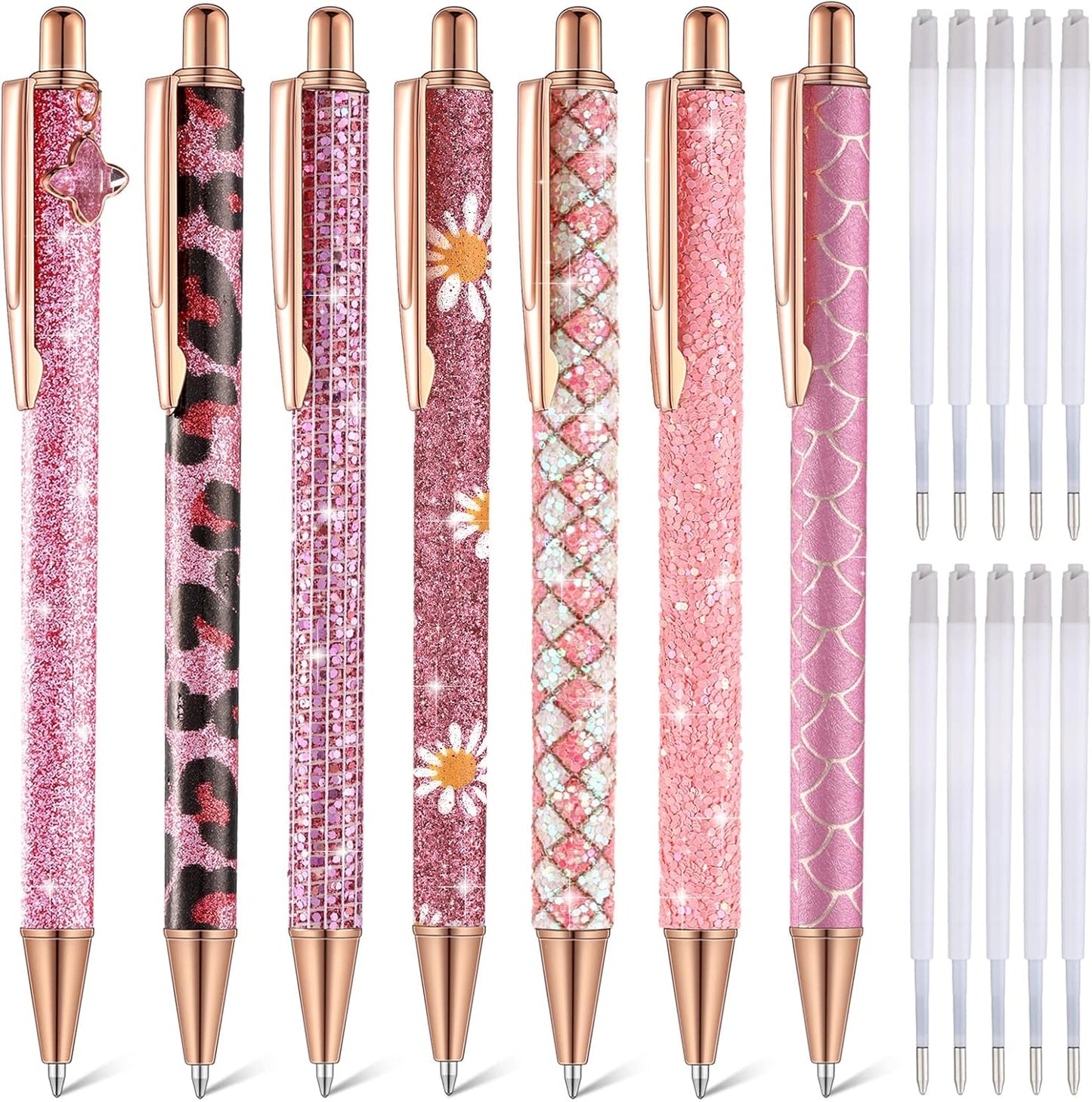 Sherr 7 Pcs Fancy Pens for Women Cute Sparkly Glitter Pens with 10 Pcs Black Ink Refills Pretty Gifts for Girls Office School Christmas Graduation(Cute)