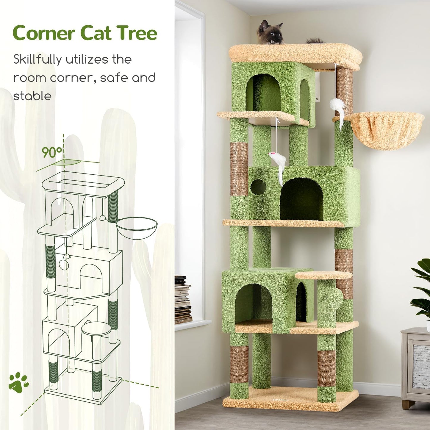 Globlazer Corner Cactus Cat Tree 66 inch Multi-Level Cactus Climbing Tower Kitty Condos Cat Scratching Tower for Indoor Multiple Cats with Large Platform, 3 Cat Caves, F66, Green