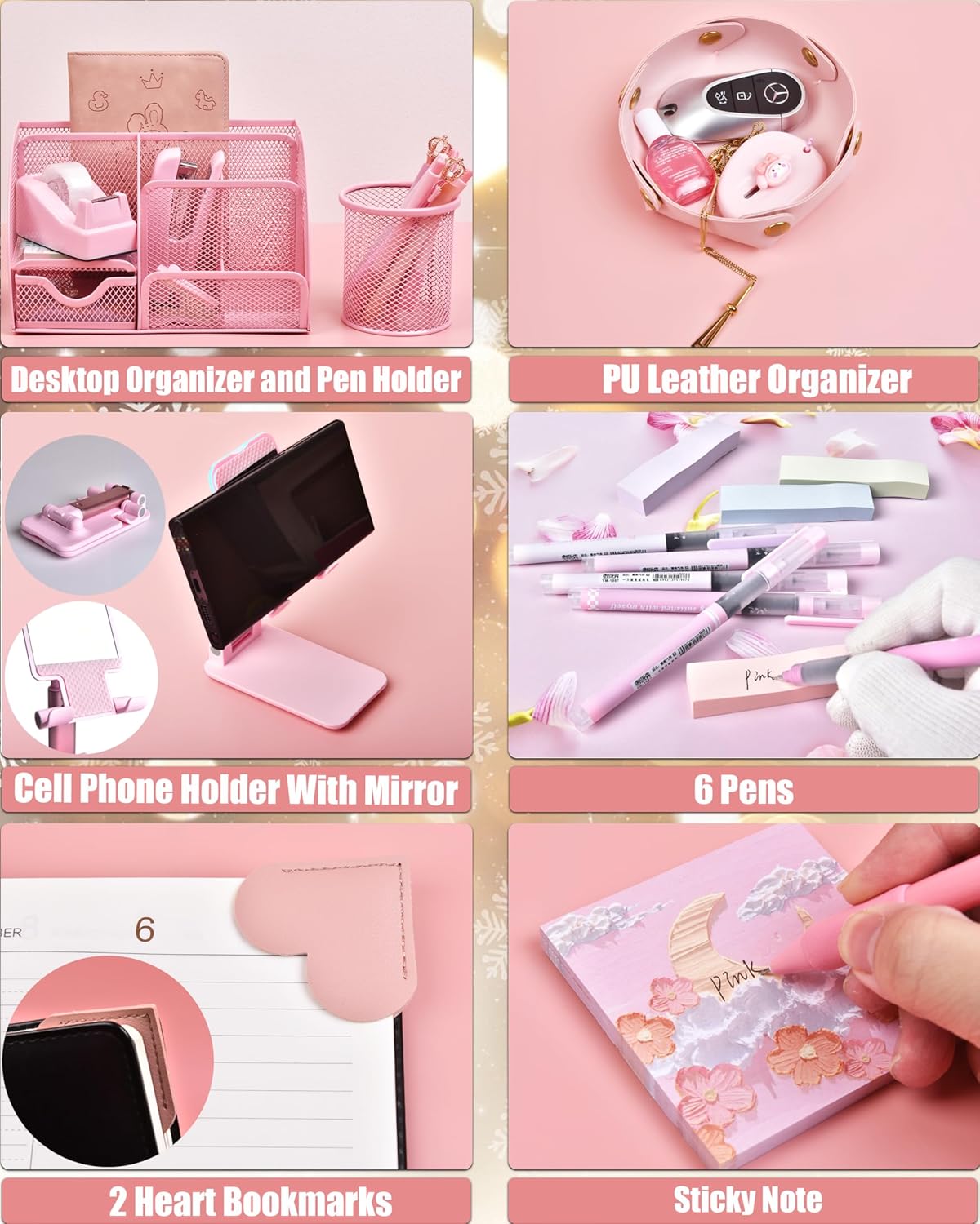 Pink Desk Accessories, 24Pcs Pink Office Supplies and Desk Organizers, with Tape Dispenser, Stapler, Staple Remover, Ect, Gift Box Packaging