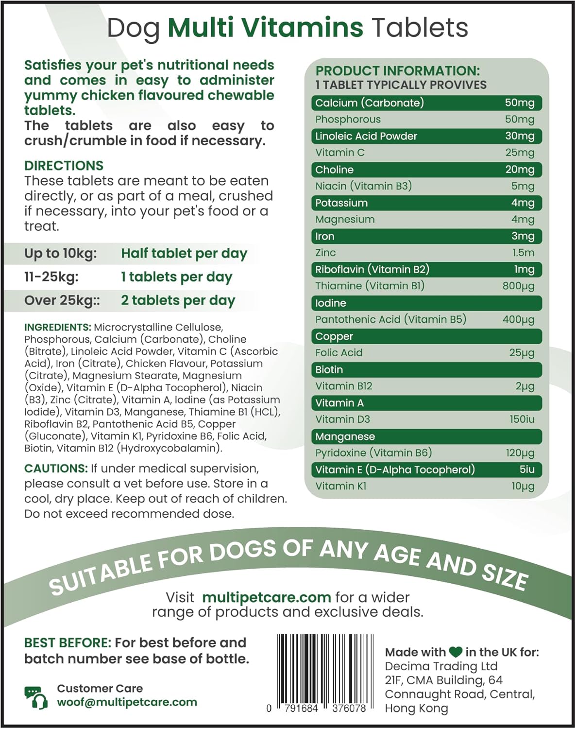 22-in-1 Dog Multivitamin | Essential Vitamins A C D3 E K1 + B-Complex, Calcium, Zinc & Iron | Chicken Flavored Tablets | Immune, Bone, Joint & Coat Support | UK GMP Certified | 120 Count