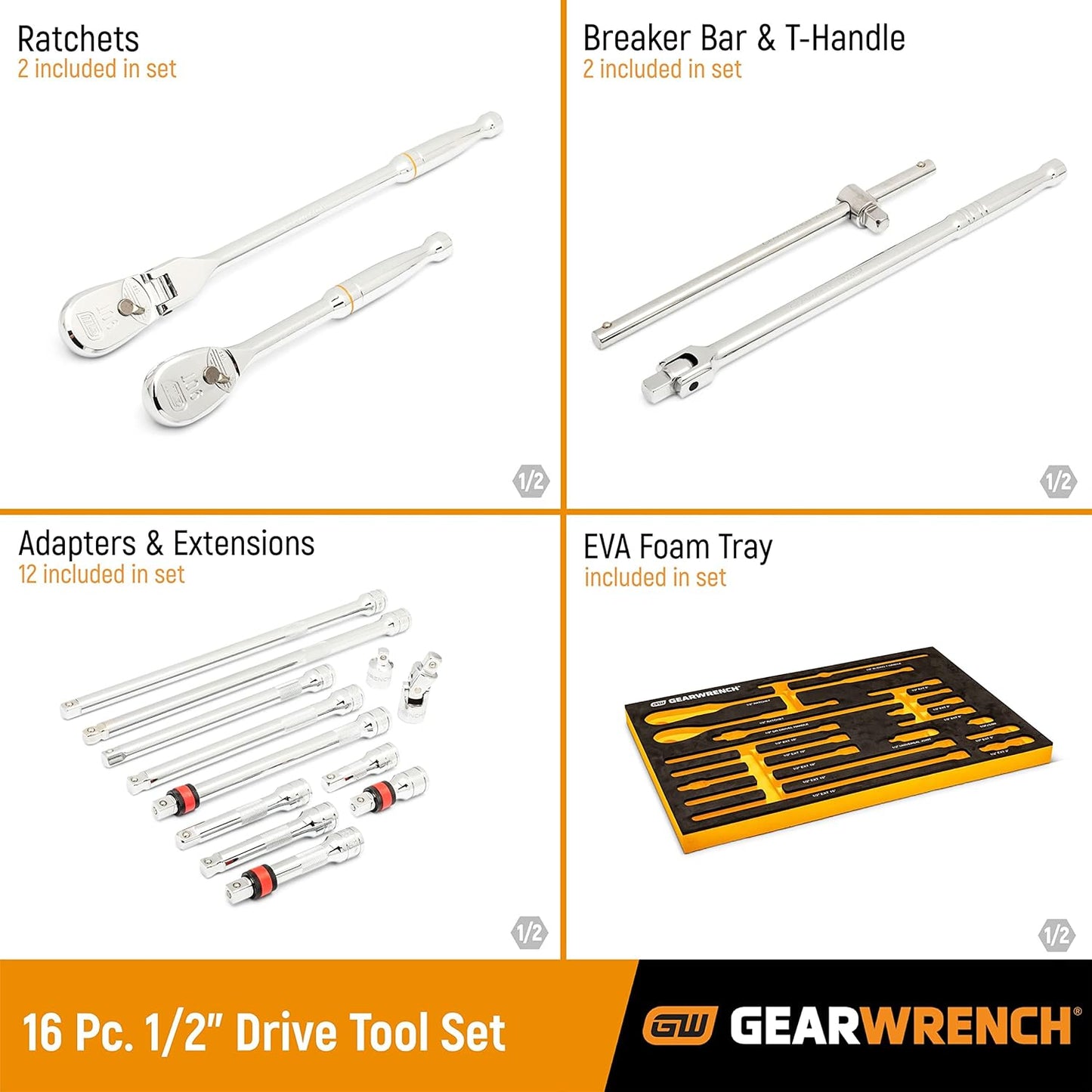 GEARWRENCH 16 Piece 1/2" 90T Ratchet & Drive Tool Set with EVA Foam Tray - 86522