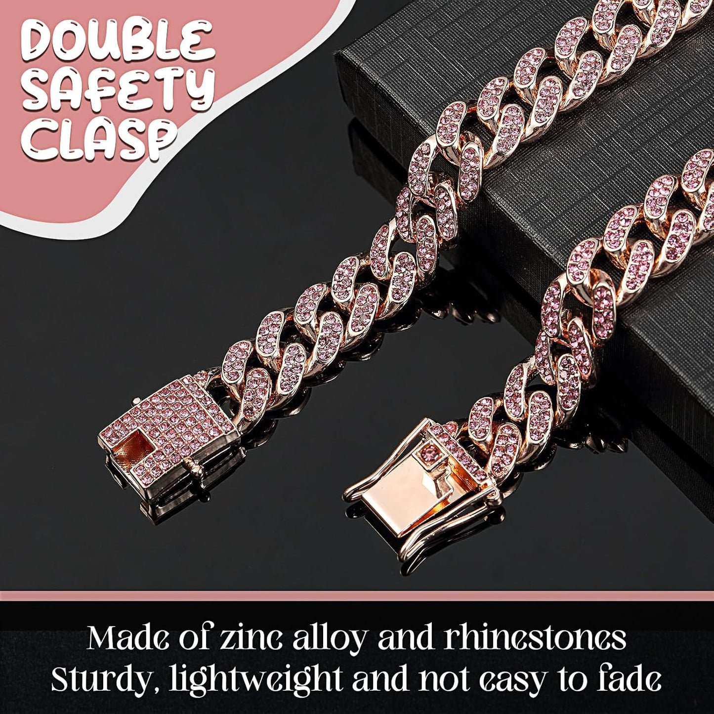 LEIFIDE Dog Chain Collar Diamond Link Puppy Collar 12 mm Wide Dog Necklace Metal Cat Chain Pet Crystal Necklace Jewelry Accessories for Small Medium Large Pet(8 Inch,Rose Gold, Pink)