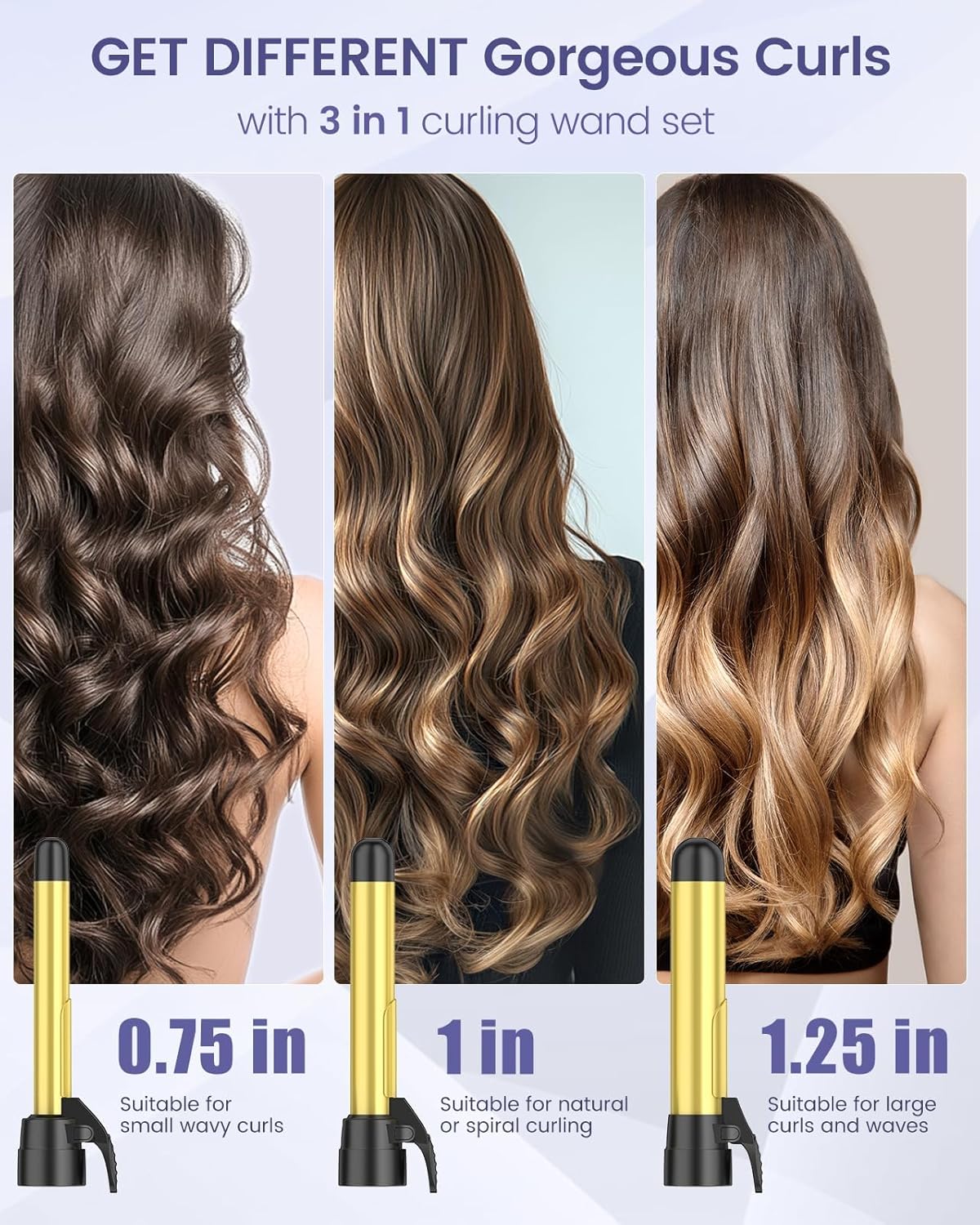 Rotating Curling Iron Set for Long Hair, Automatic Curling Wand Easy to Use Get Beach Waves 3 Interchangeable Ceramic Barrels 0.75" 1" 1.25", 5 Heat Settings up to 430°F, Dual Voltage