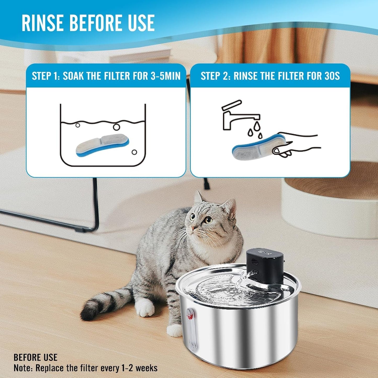 virtulance Cat Water Fountain Filters, Pack Cat Fountain Replacement Filters for Stainless Steel 108oz/3.2L Adjustable Water Flow Pet Water Fountain, Dog Water Fountain (6 Pack)