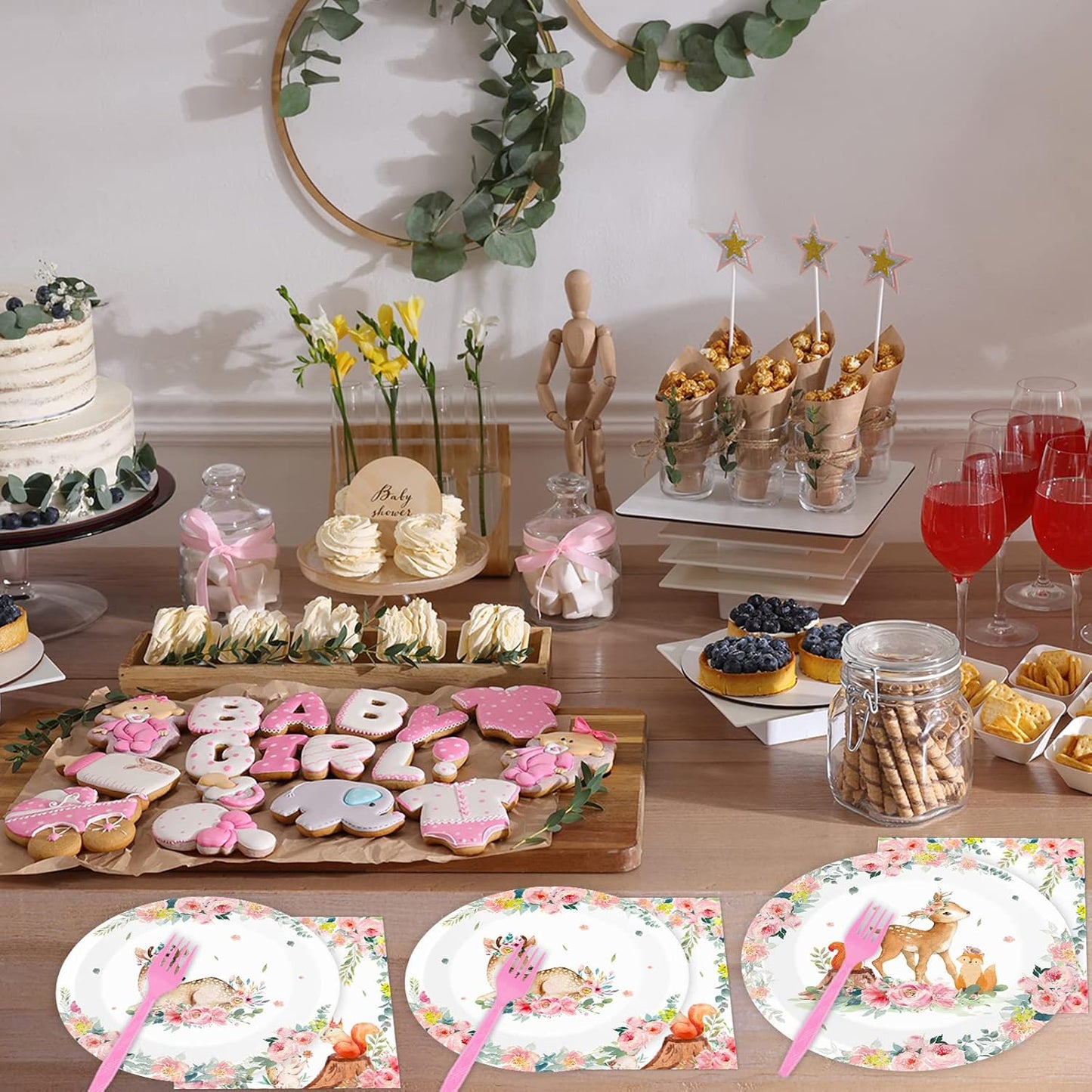 Tevxj 96PCS Woodland Baby Shower Tableware Set Girls Pink Safari Dinnerware Disposable Plates Woodland Party Plates Napkins Forks for Forest Animal Deer Flower Party Decorations Supplies 24 guests