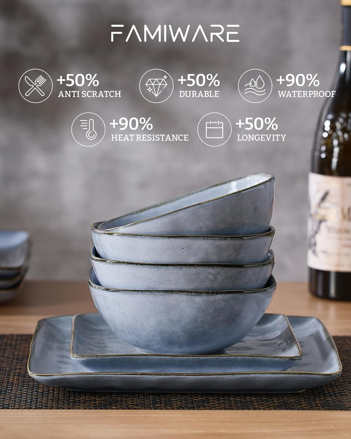 Famiware Dinnerware Sets for 4, Ocean Square 12-Piece Kitchen Plates and Bowls Sets, Reactive Glaze, Microwave and Dishwasher Safe, Scratch Resistant, Blue