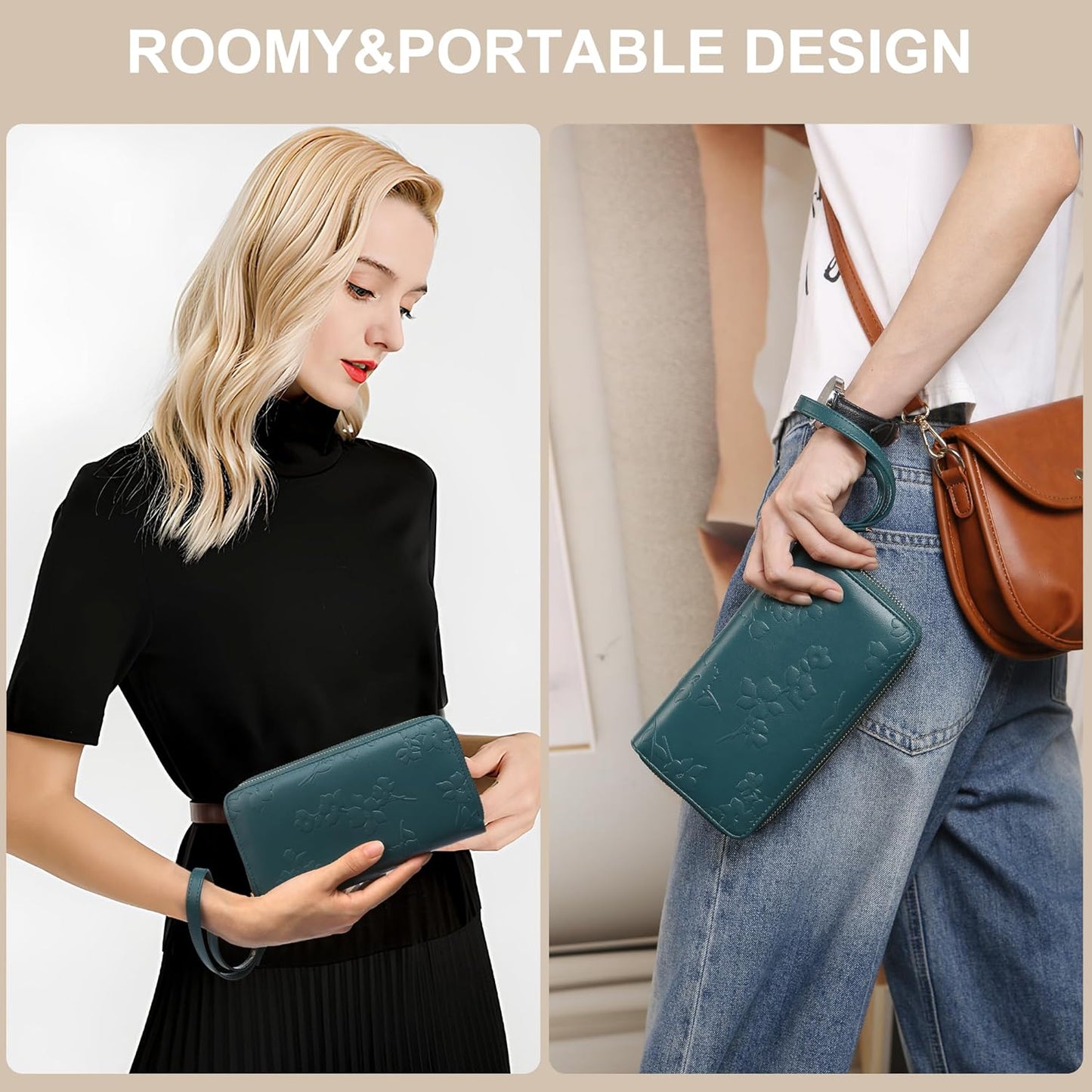 Womens Wallet RFID Blocking Large Capacity Vegan Leather Double Zip Wristlet Wallet Card Holder Travel Ladies Clutch